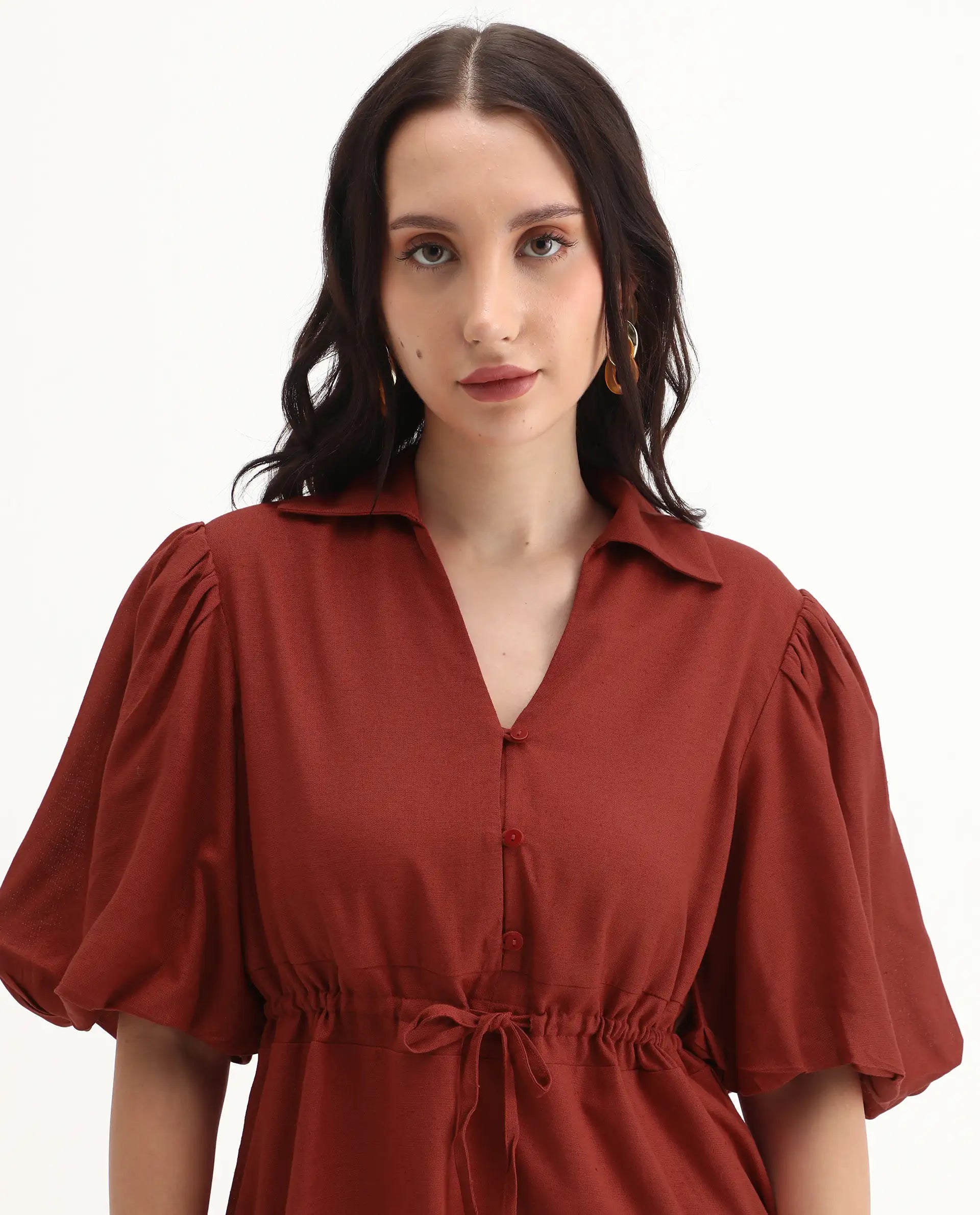 Rareism Women's Juvix Rust Viscose Blend Jonny Collar Fit And Flare Plain Dress