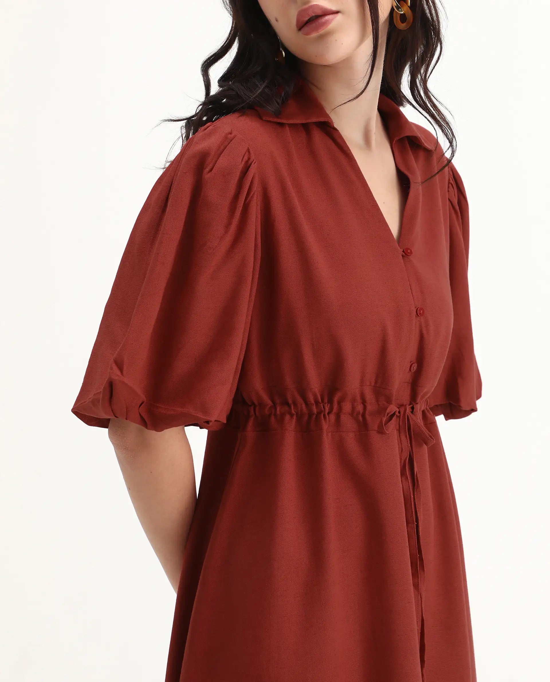 Rareism Women's Juvix Rust Viscose Blend Jonny Collar Fit And Flare Plain Dress