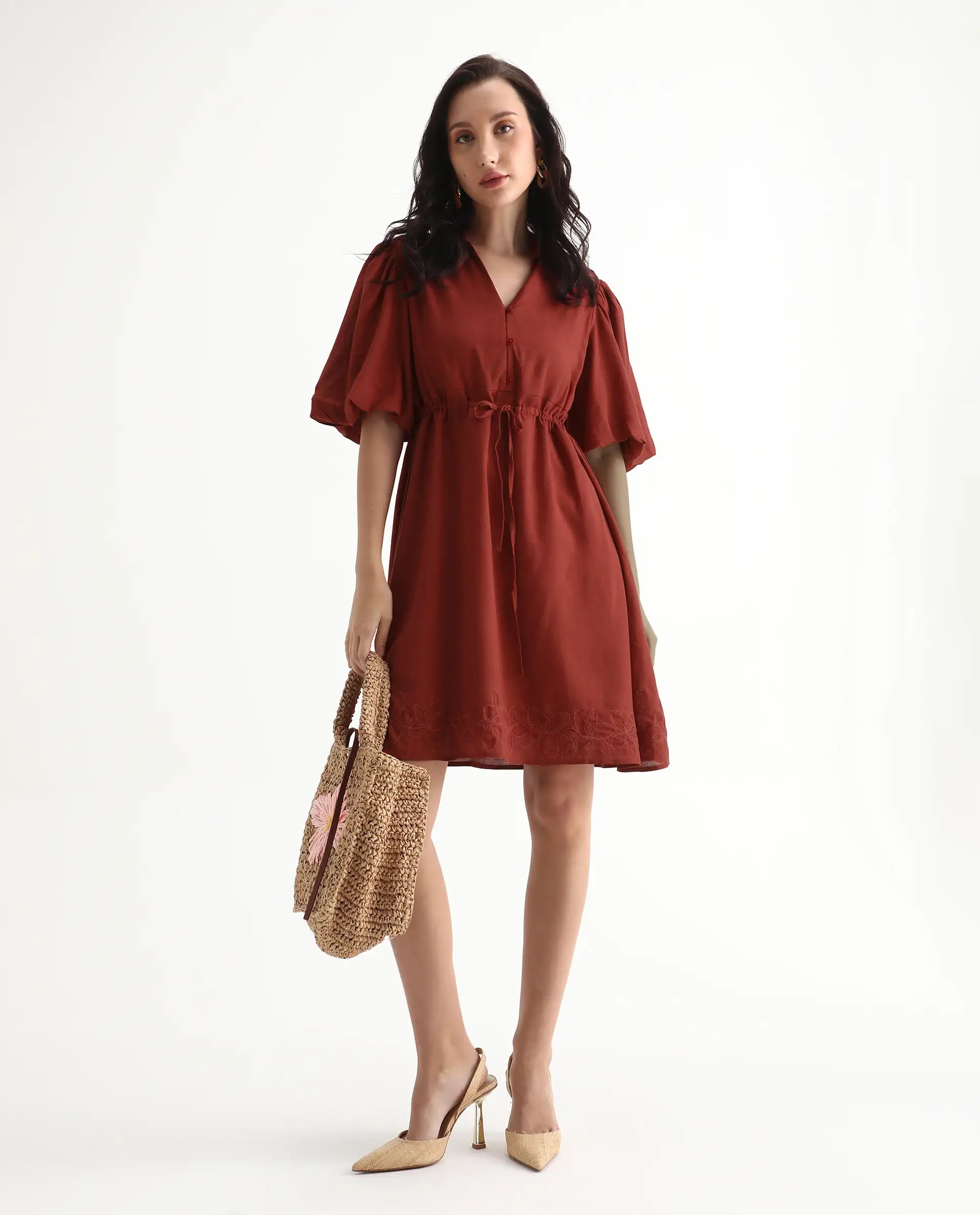 Rareism Women's Juvix Rust Viscose Blend Jonny Collar Fit And Flare Plain Dress