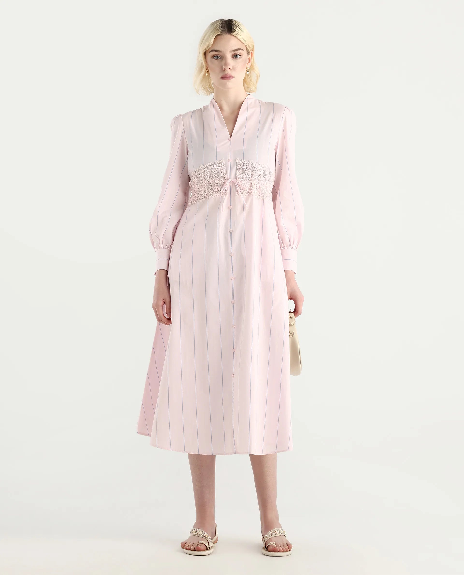 Rareism Women Juvo Pastel Pink Cotton Cuffed Sleeve Built-Up Collar A-Line Midi Striped Dress