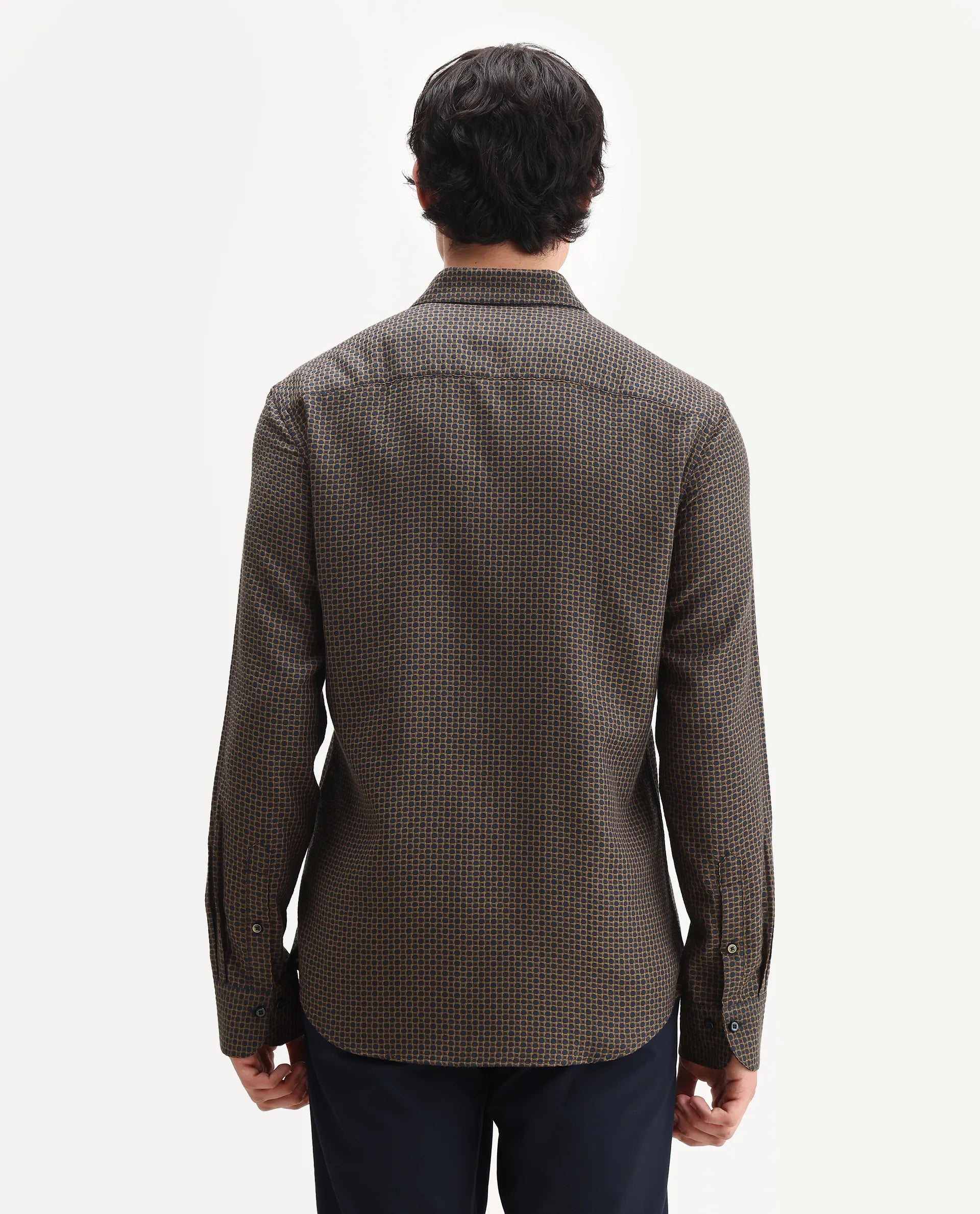 Rare Rabbit Men's Juxe Brown Cotton Fabric Spread Collar Regular Fit Geometric Print Shirt