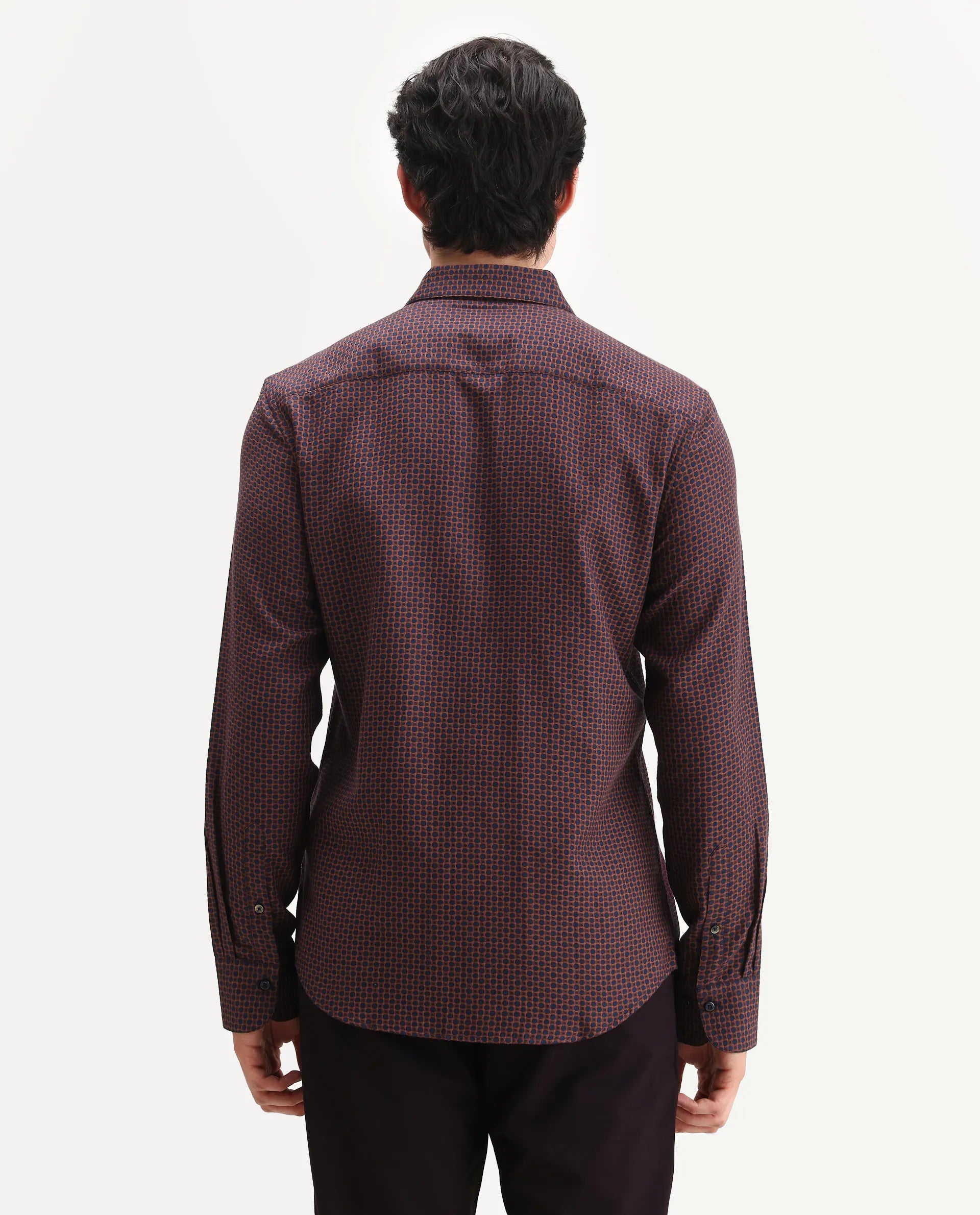 Rare Rabbit Men's Juxe Dark Red Cotton Fabric Spread Collar Regular Fit Geometric Print Shirt