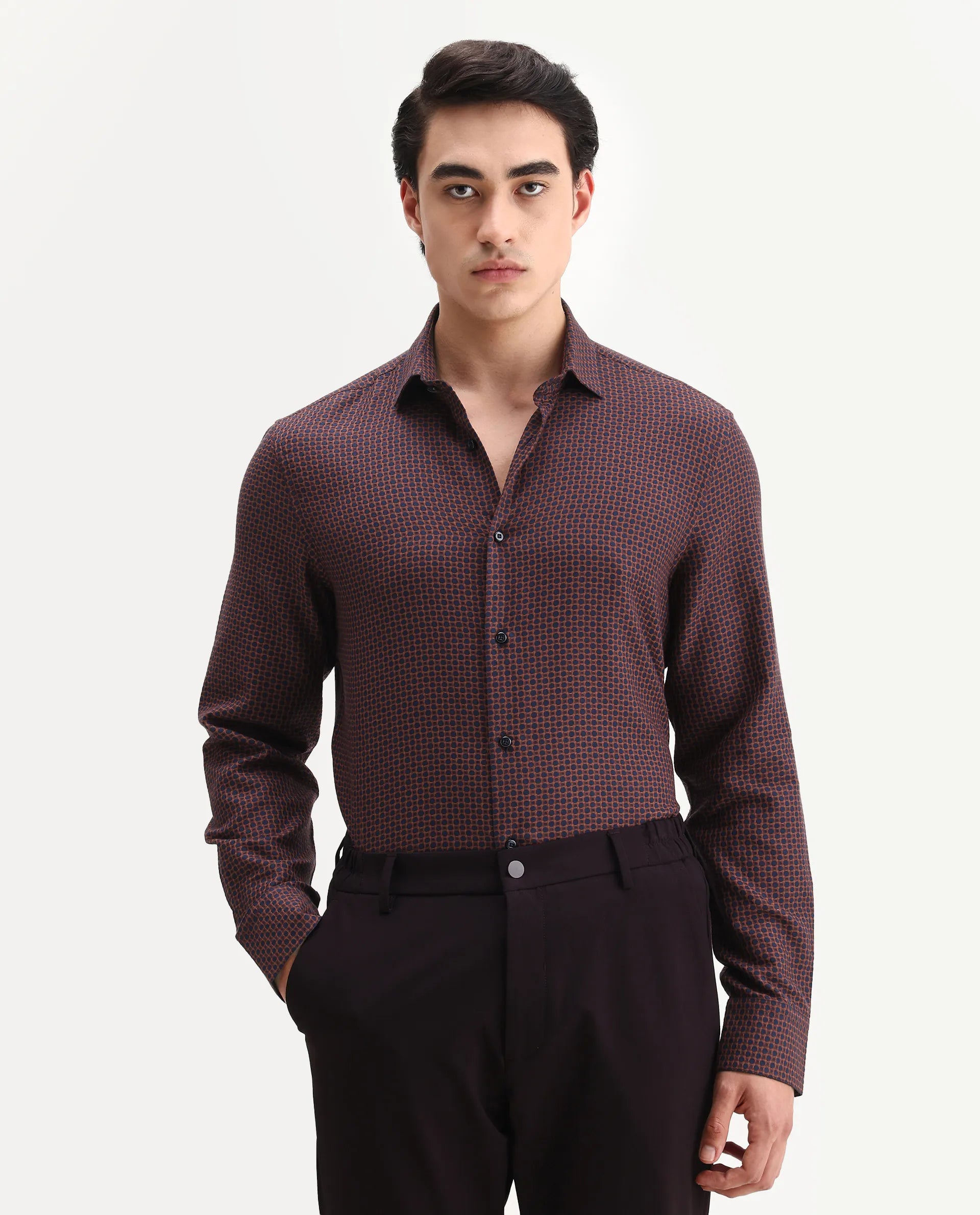 Rare Rabbit Men's Juxe Dark Red Cotton Fabric Spread Collar Regular Fit Geometric Print Shirt