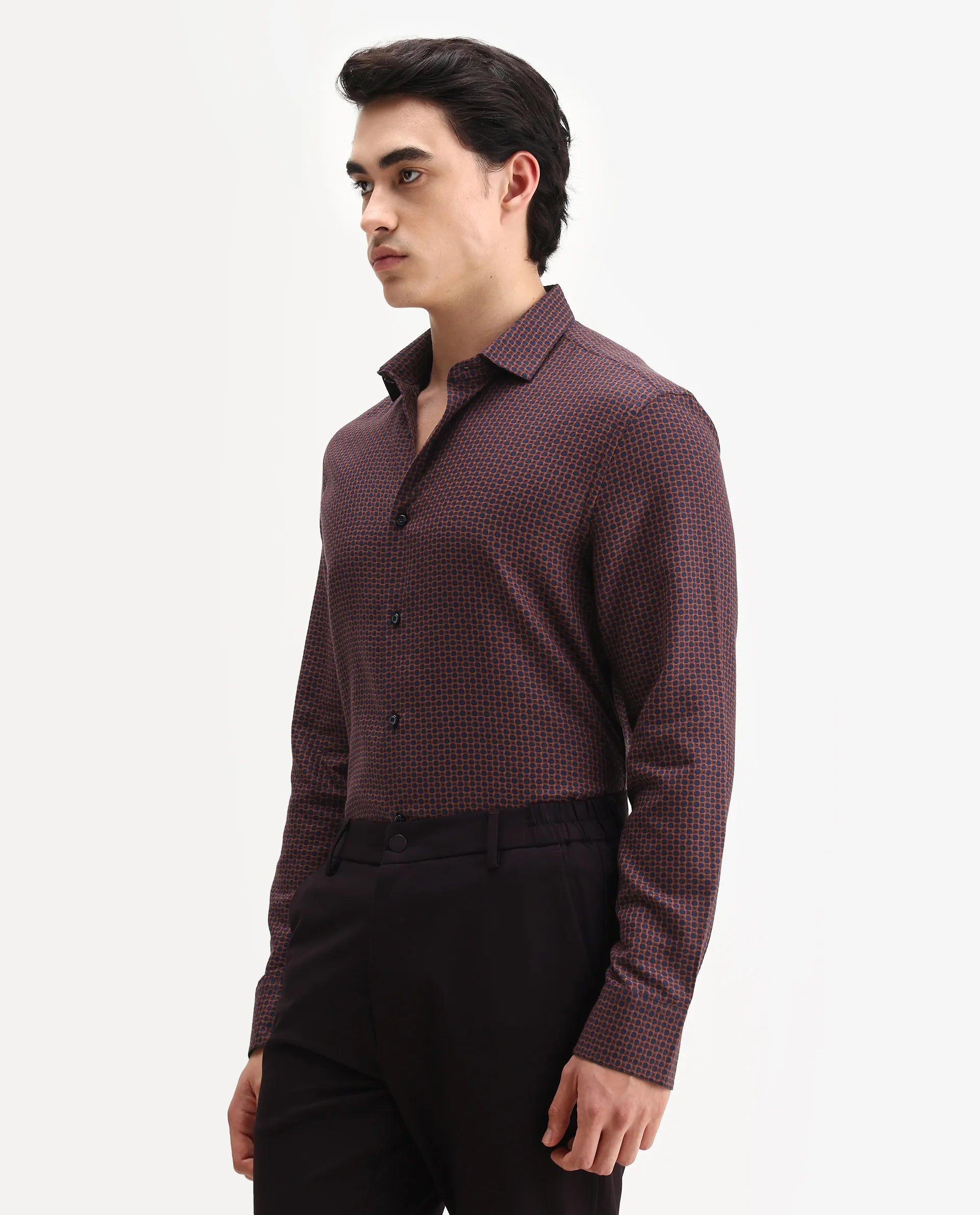 Rare Rabbit Men's Juxe Dark Red Cotton Fabric Spread Collar Regular Fit Geometric Print Shirt