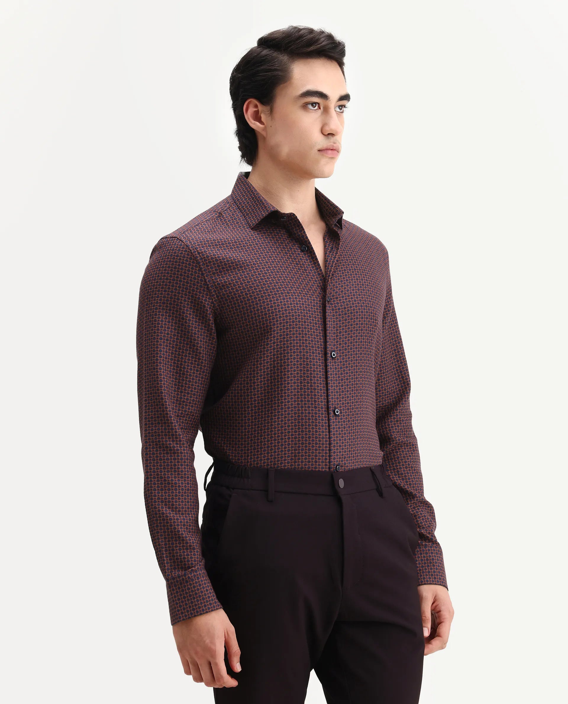 Rare Rabbit Men's Juxe Dark Red Cotton Fabric Spread Collar Regular Fit Geometric Print Shirt