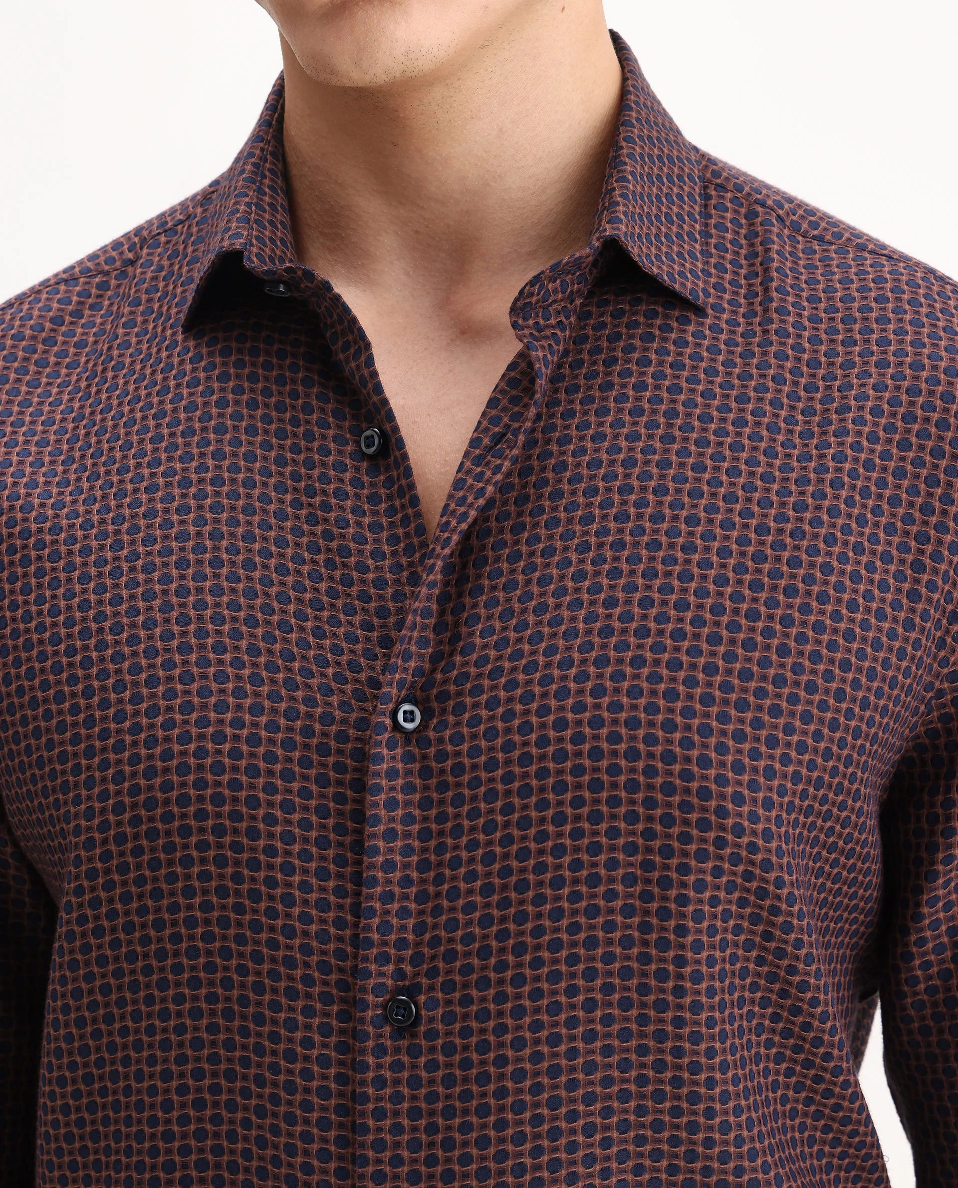Rare Rabbit Men's Juxe Dark Red Cotton Fabric Spread Collar Regular Fit Geometric Print Shirt