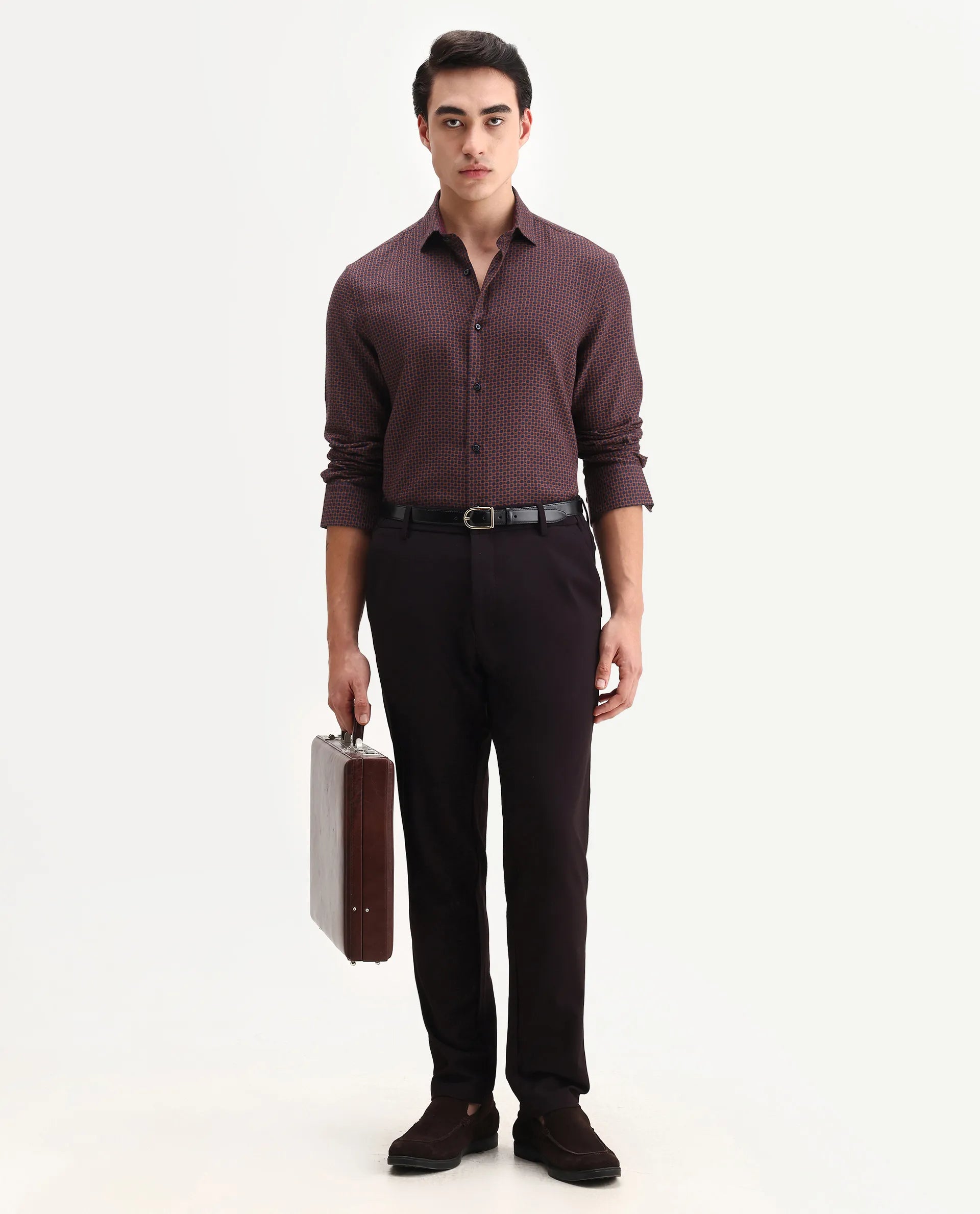 Rare Rabbit Men's Juxe Dark Red Cotton Fabric Spread Collar Regular Fit Geometric Print Shirt