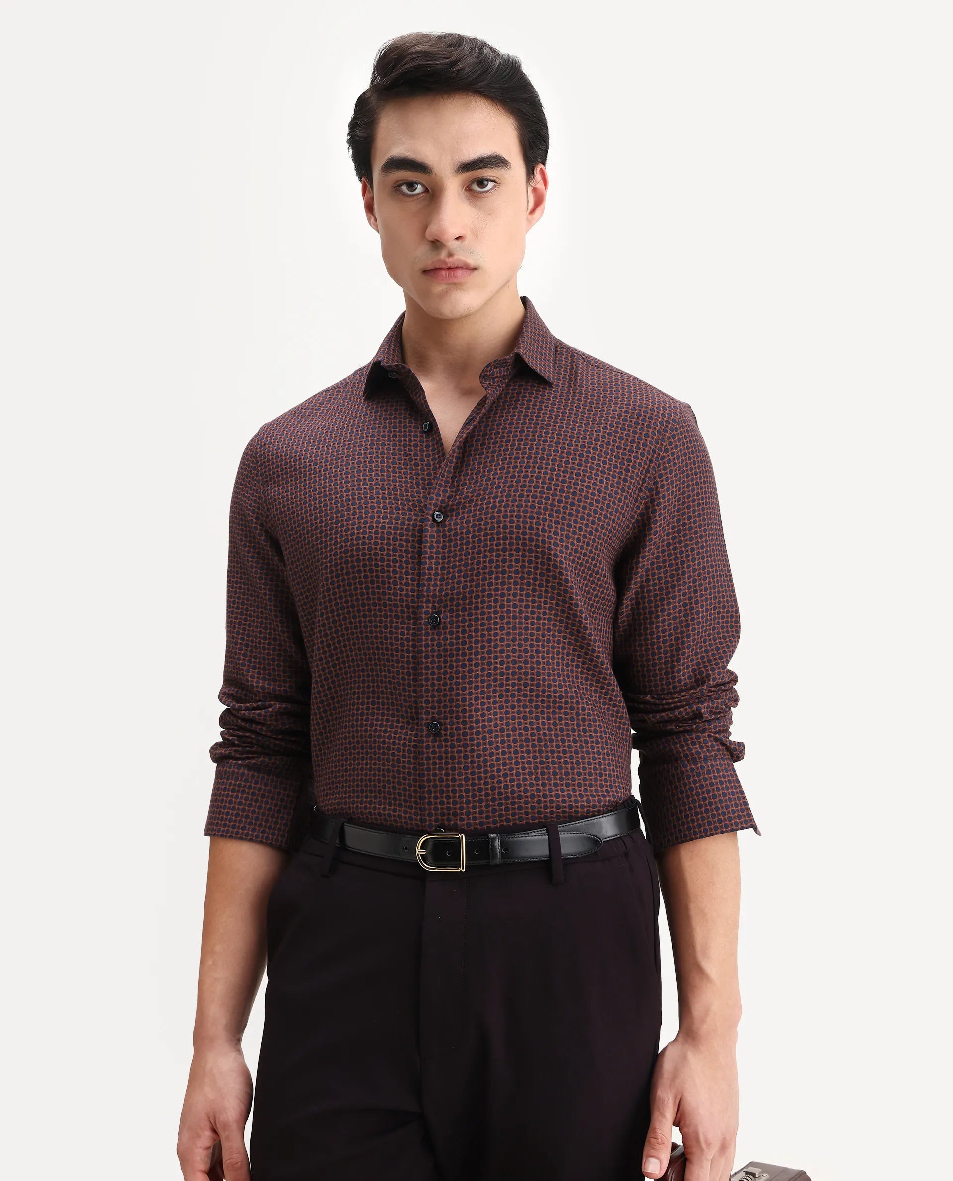 Rare Rabbit Men's Juxe Dark Red Cotton Fabric Spread Collar Regular Fit Geometric Print Shirt