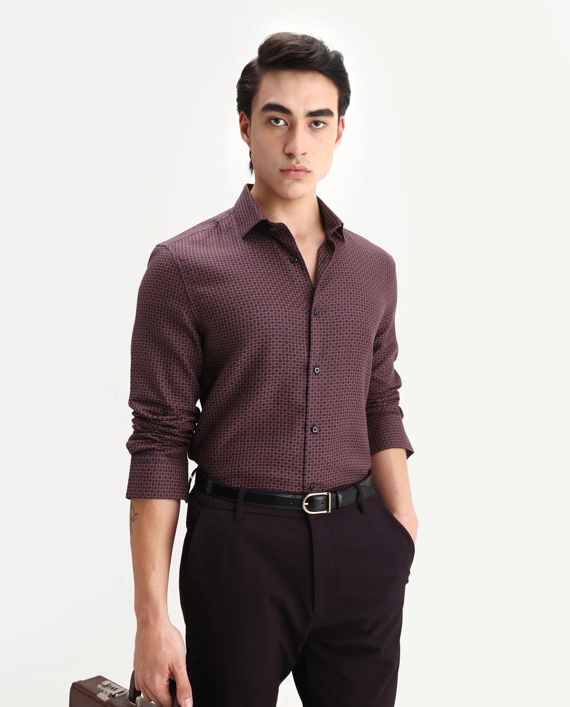 Rare Rabbit Men's Juxe Dark Red Cotton Fabric Spread Collar Regular Fit Geometric Print Shirt