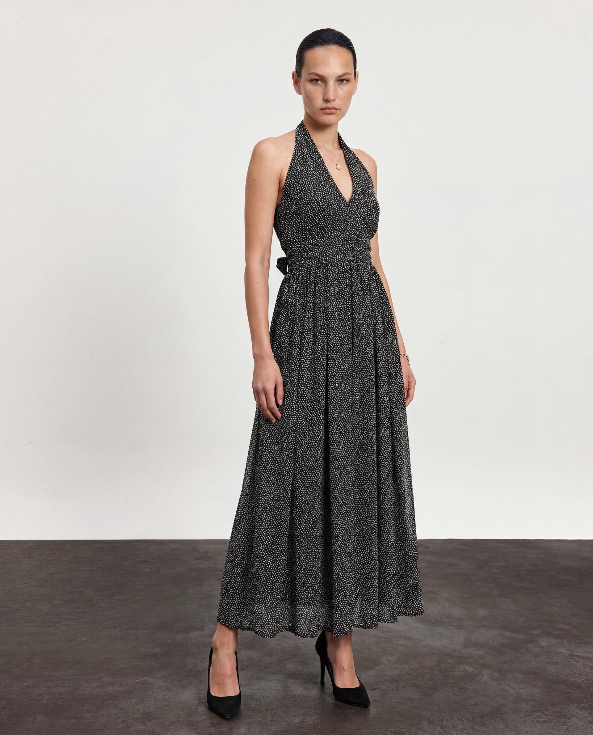 Rareism Women's Janert Black Viscose Halter Neck Polka Print Sleeveless Maxi Fit And Flare Dress