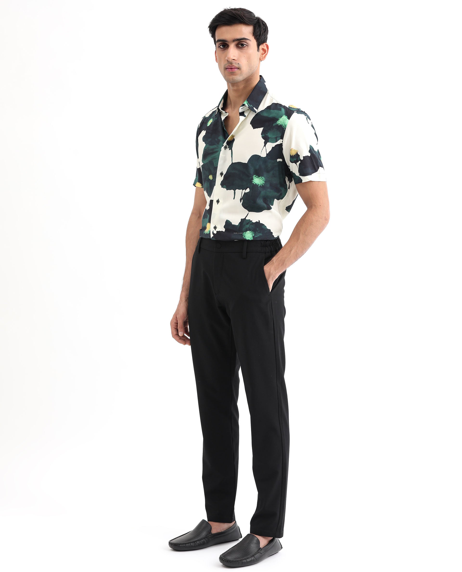 Rare Rabbit Men's Jersey Green Cotton Fabric Floral Print Half Sleeves Shirt