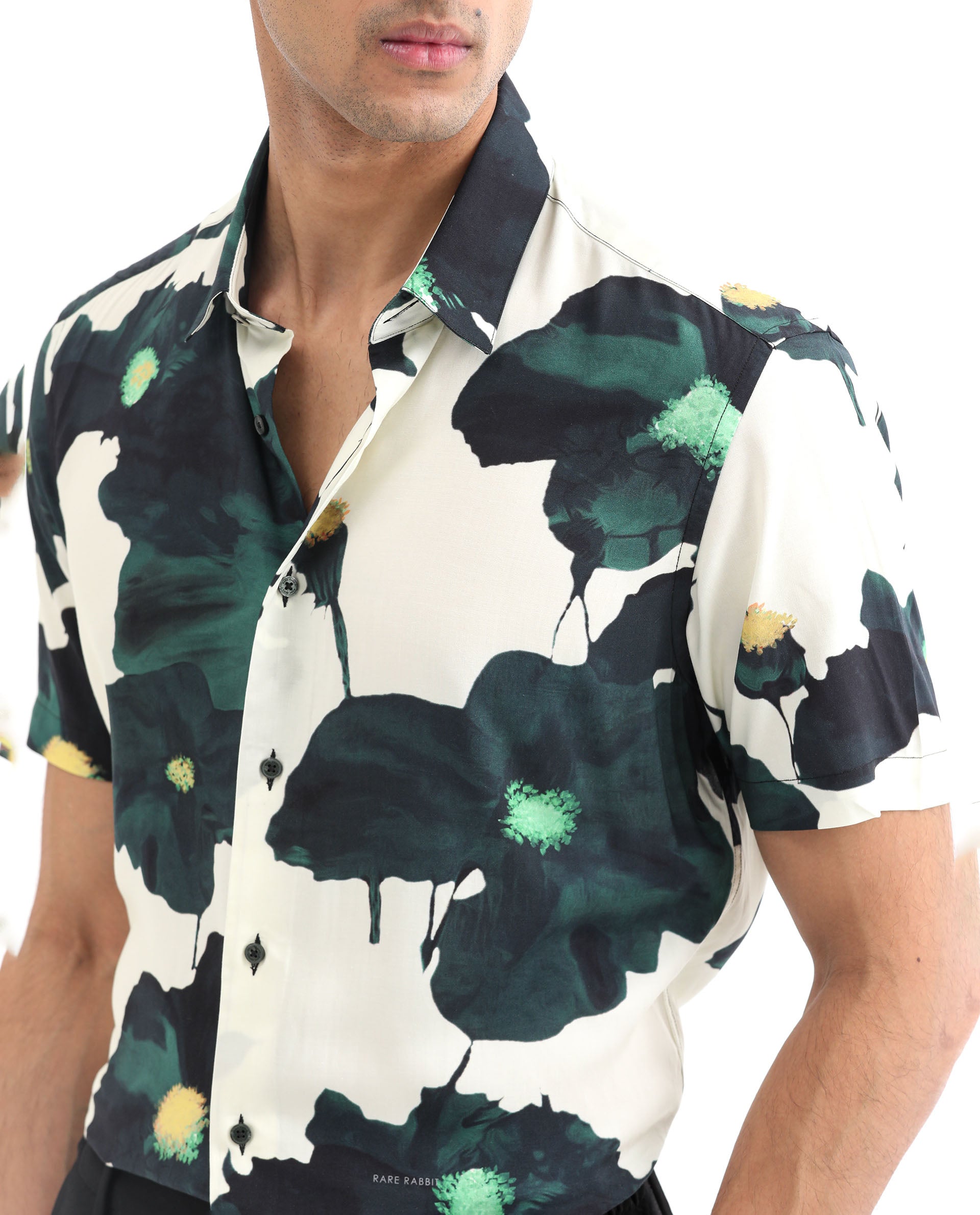 Rare Rabbit Men's Jersey Green Cotton Fabric Floral Print Half Sleeves Shirt