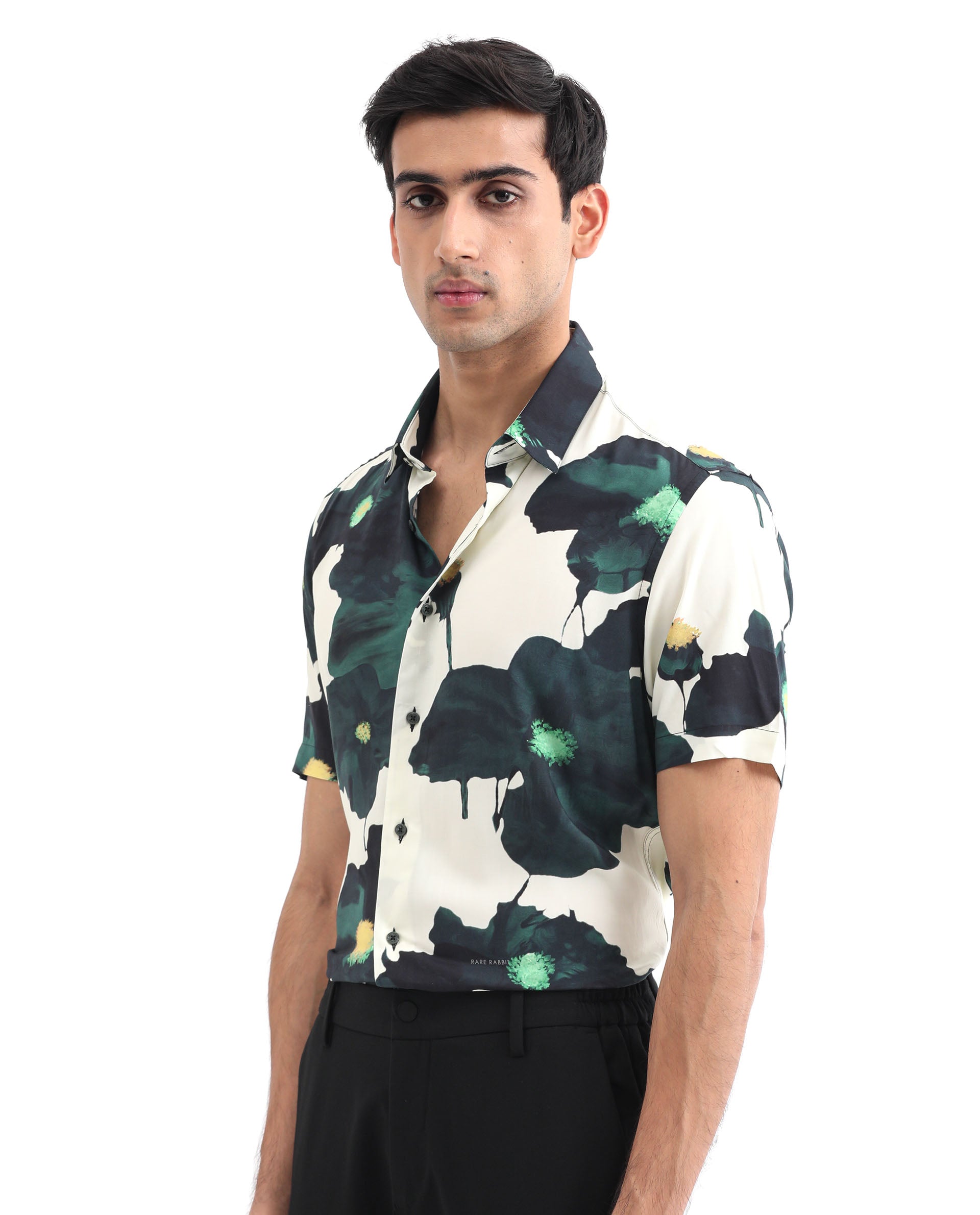 Rare Rabbit Men's Jersey Green Cotton Fabric Floral Print Half Sleeves Shirt