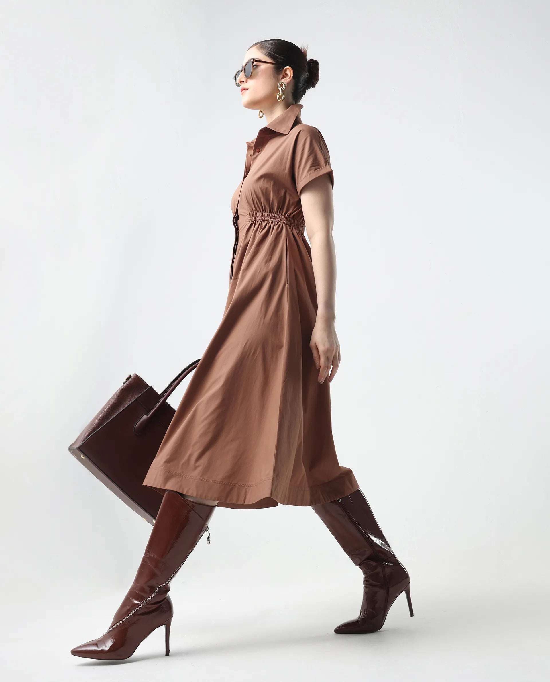 Rareism Women's Julu Light Brown Cotton Collared Neck Fit And Flare Plain Dress