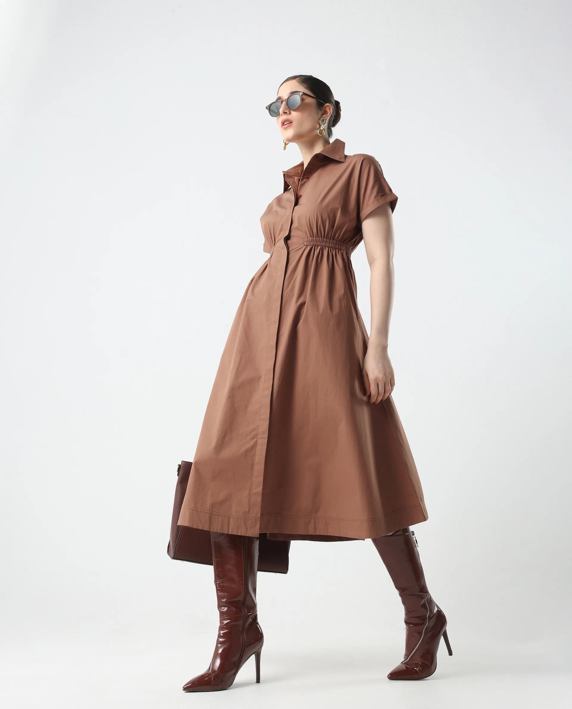 Rareism Women's Julu Light Brown Cotton Collared Neck Fit And Flare Plain Dress