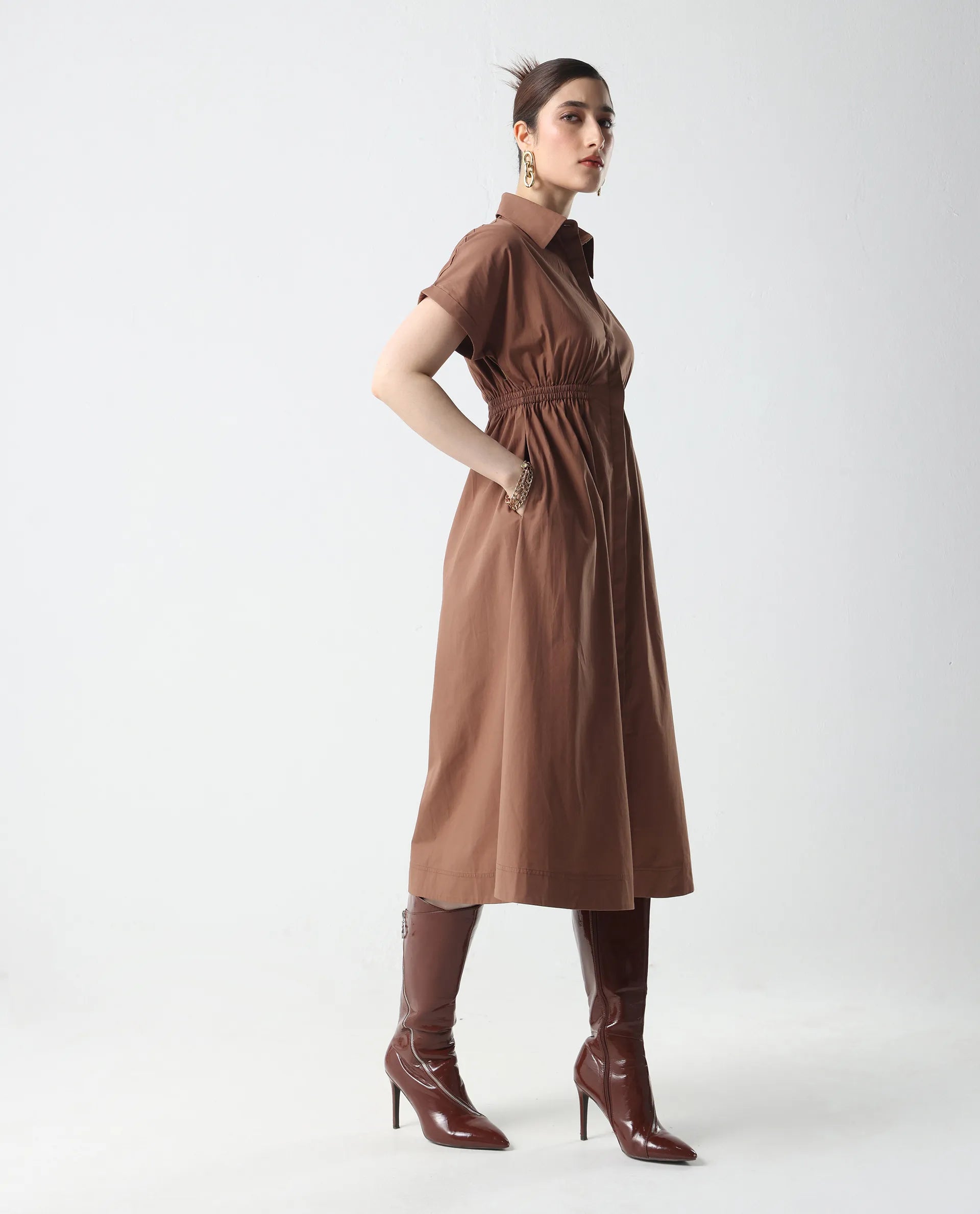 Rareism Women's Julu Light Brown Cotton Collared Neck Fit And Flare Plain Dress