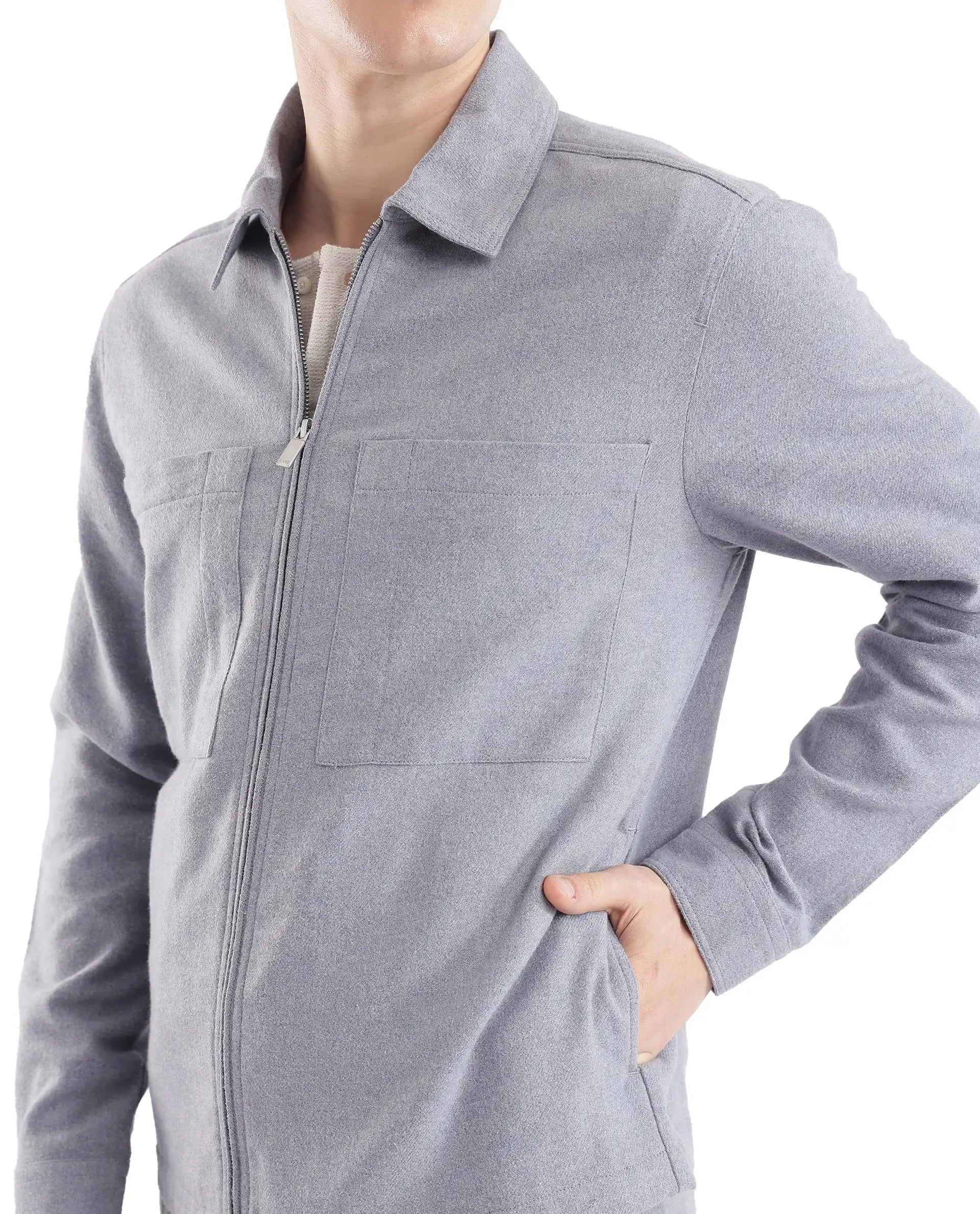 Rare Rabbit Men's Kaai Blue Polyester Nylon Fabric Full Sleeve Zipper Closure Regular Fit Plain Shacket