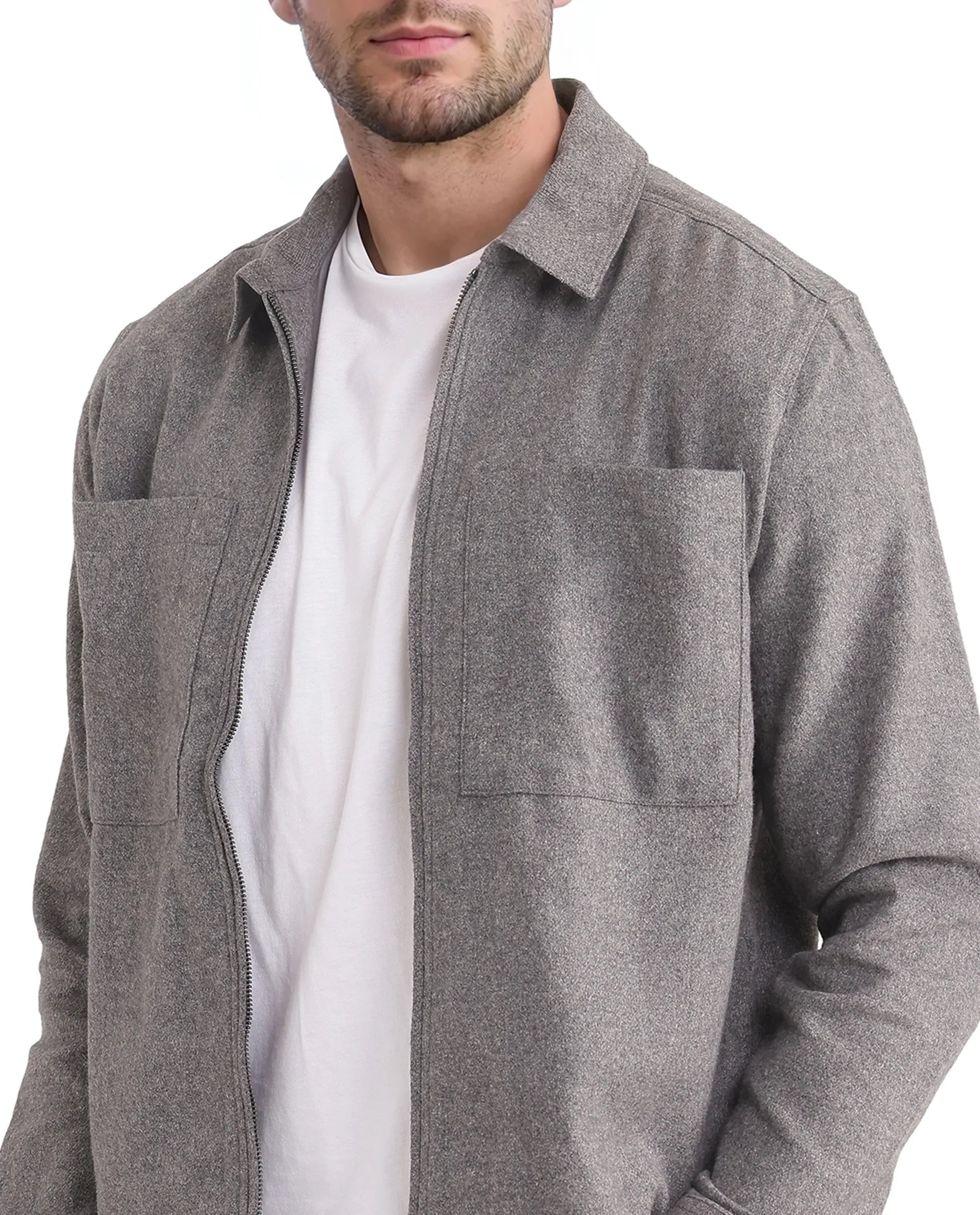 Rare Rabbit Men's Kaai Dark Grey  Polyester Nylon Fabric Full Sleeve Zipper Closure Regular Fit Plain Shacket