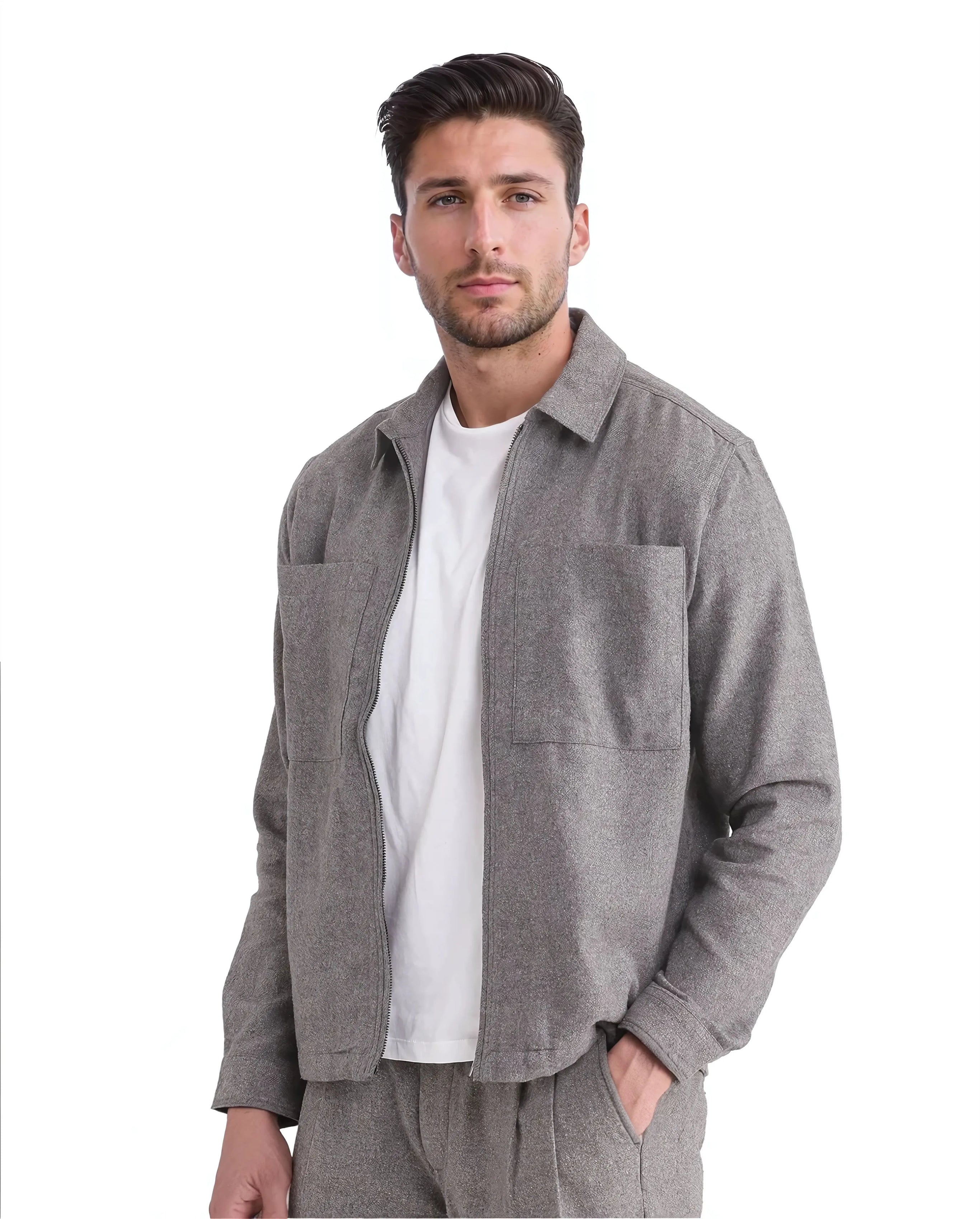 Rare Rabbit Men's Kaai Dark Grey  Polyester Nylon Fabric Full Sleeve Zipper Closure Regular Fit Plain Shacket