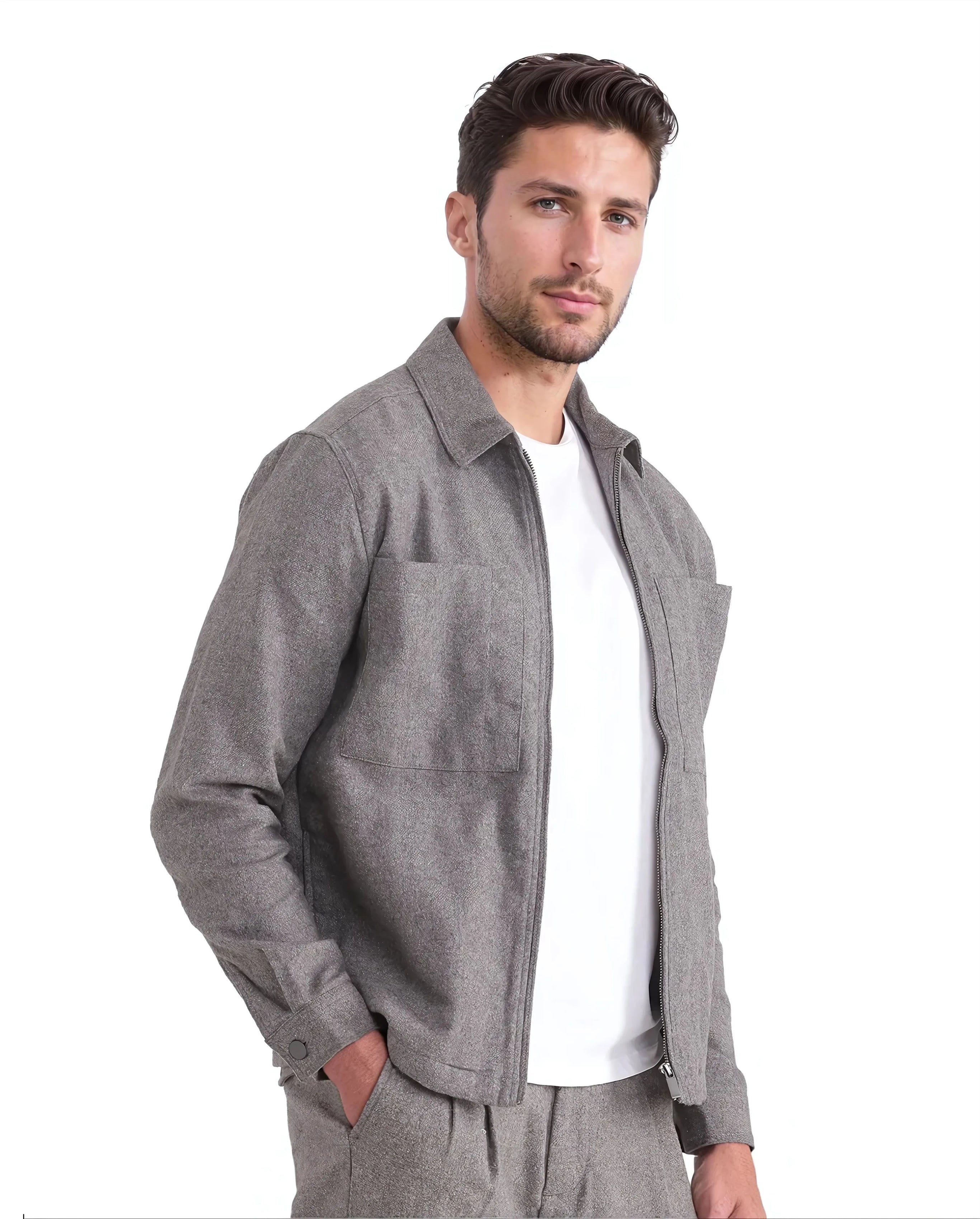 Rare Rabbit Men's Kaai Dark Grey  Polyester Nylon Fabric Full Sleeve Zipper Closure Regular Fit Plain Shacket