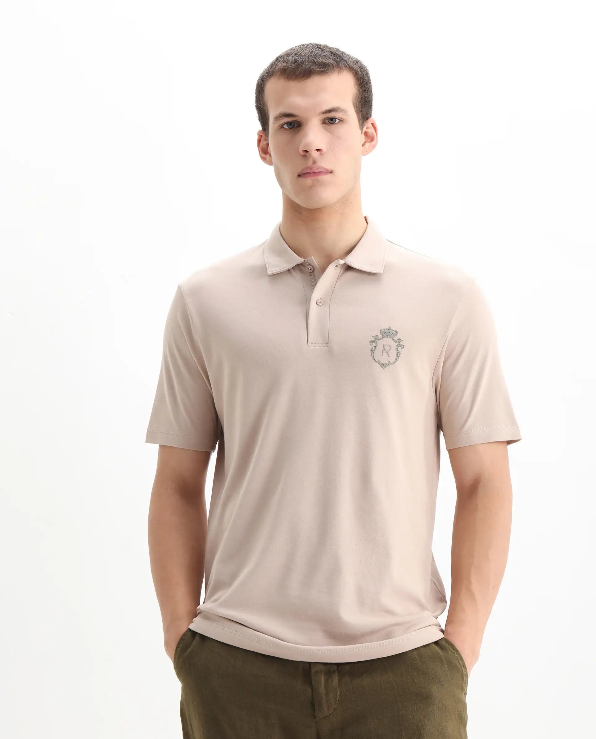 Rare Rabbit Men's Kace Beige Cotton Plain Oversized Fit Half Sleeve Polo