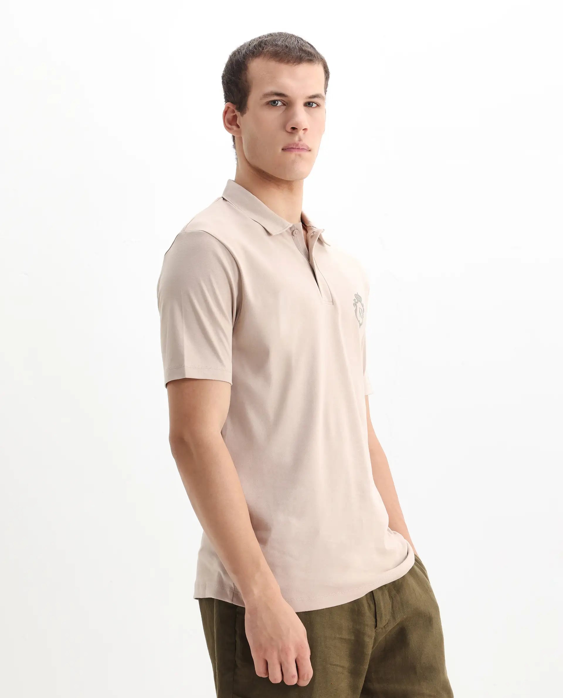 Rare Rabbit Men's Kace Beige Cotton Plain Oversized Fit Half Sleeve Polo