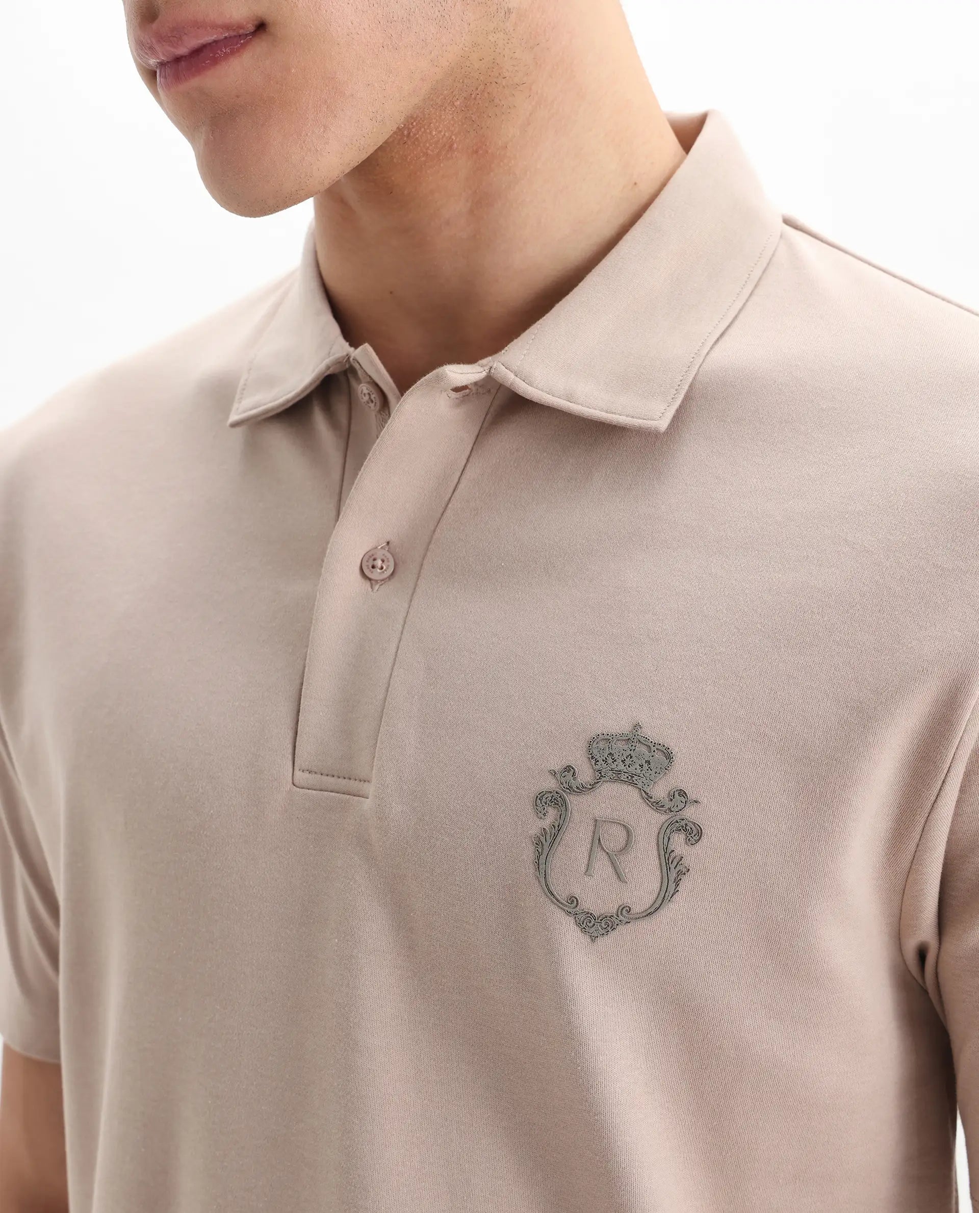 Rare Rabbit Men's Kace Beige Cotton Plain Oversized Fit Half Sleeve Polo