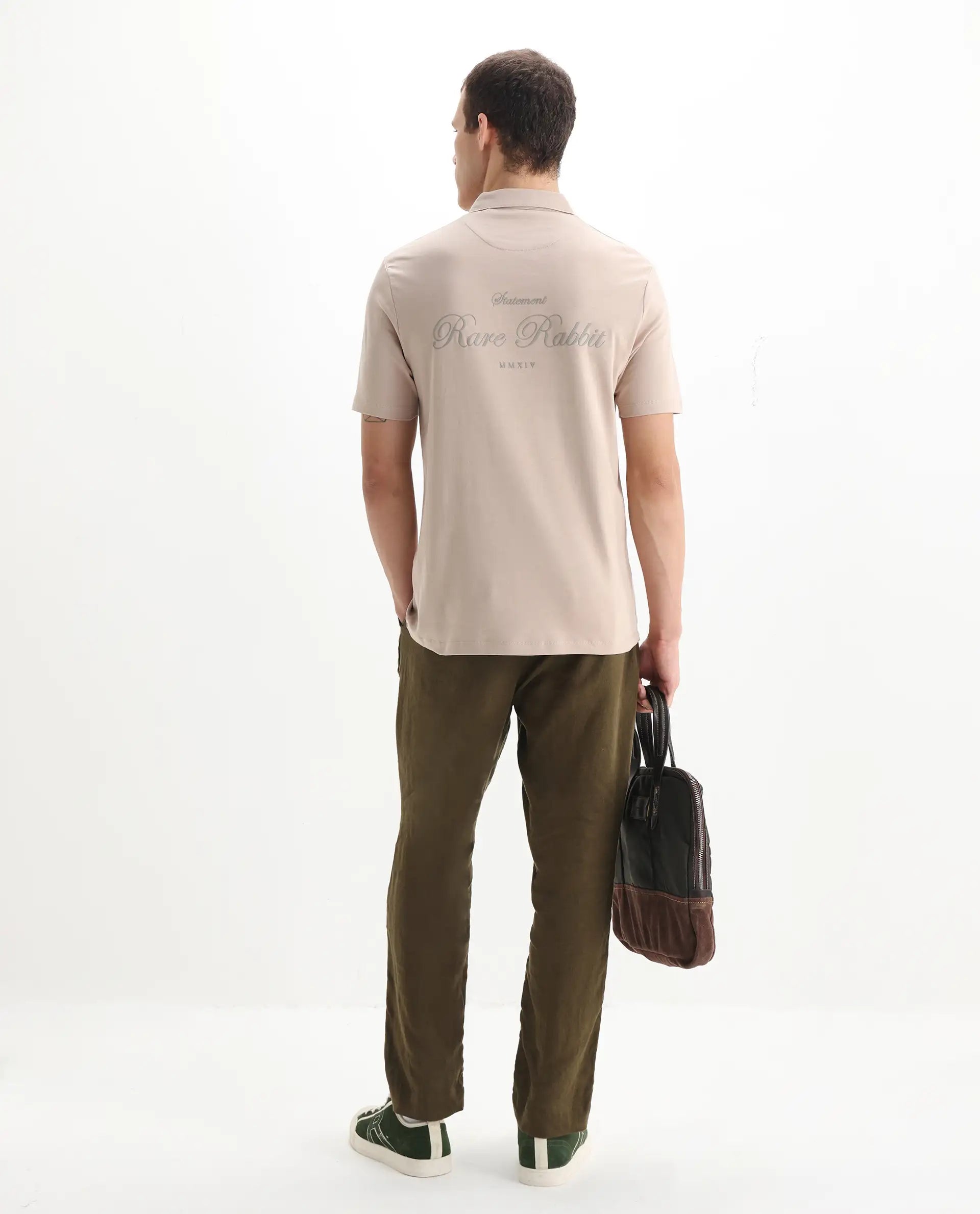 Rare Rabbit Men's Kace Beige Cotton Plain Oversized Fit Half Sleeve Polo