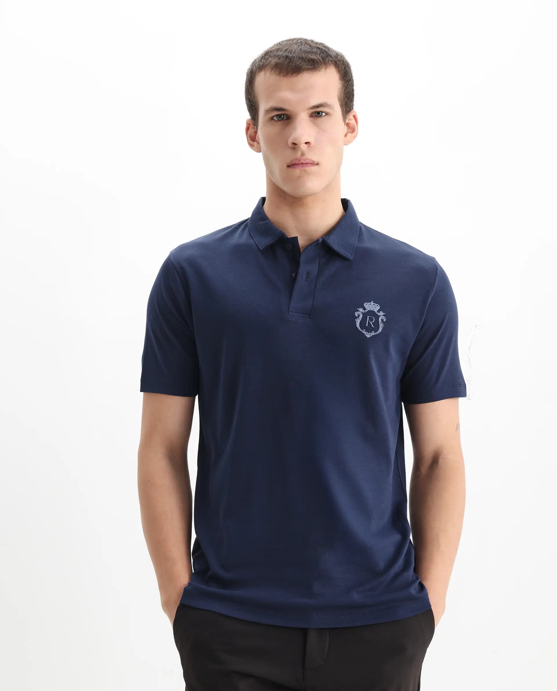 Rare Rabbit Men's Kace Dark Navy Cotton Plain Oversized Fit Half Sleeve Polo