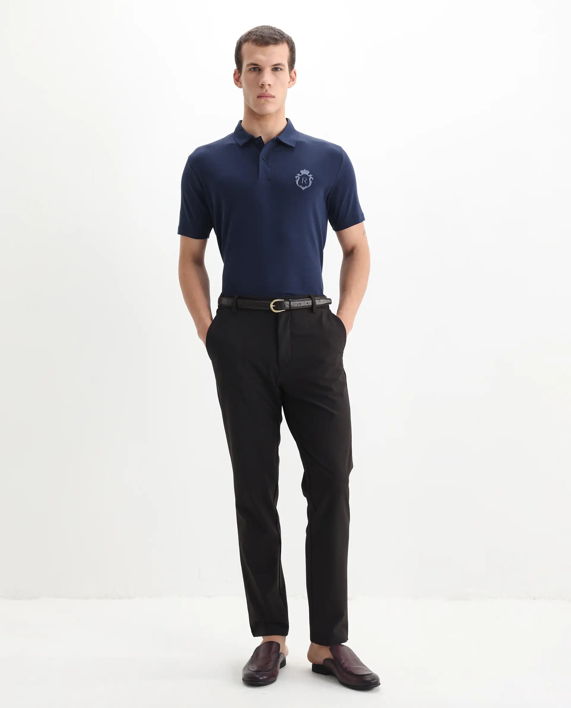 Rare Rabbit Men's Kace Dark Navy Cotton Plain Oversized Fit Half Sleeve Polo