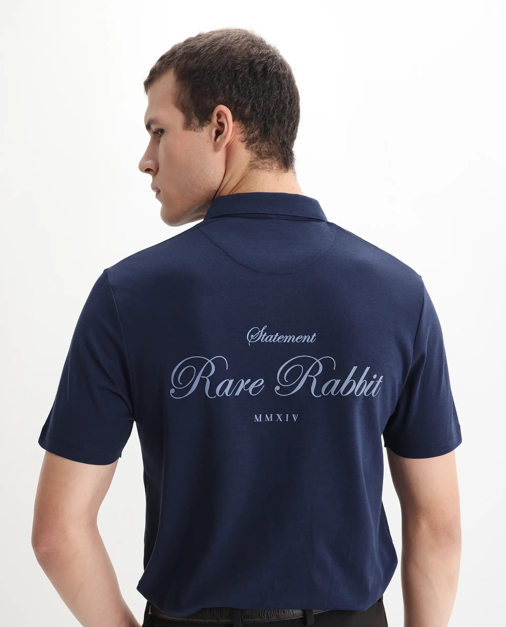 Rare Rabbit Men's Kace Dark Navy Cotton Plain Oversized Fit Half Sleeve Polo