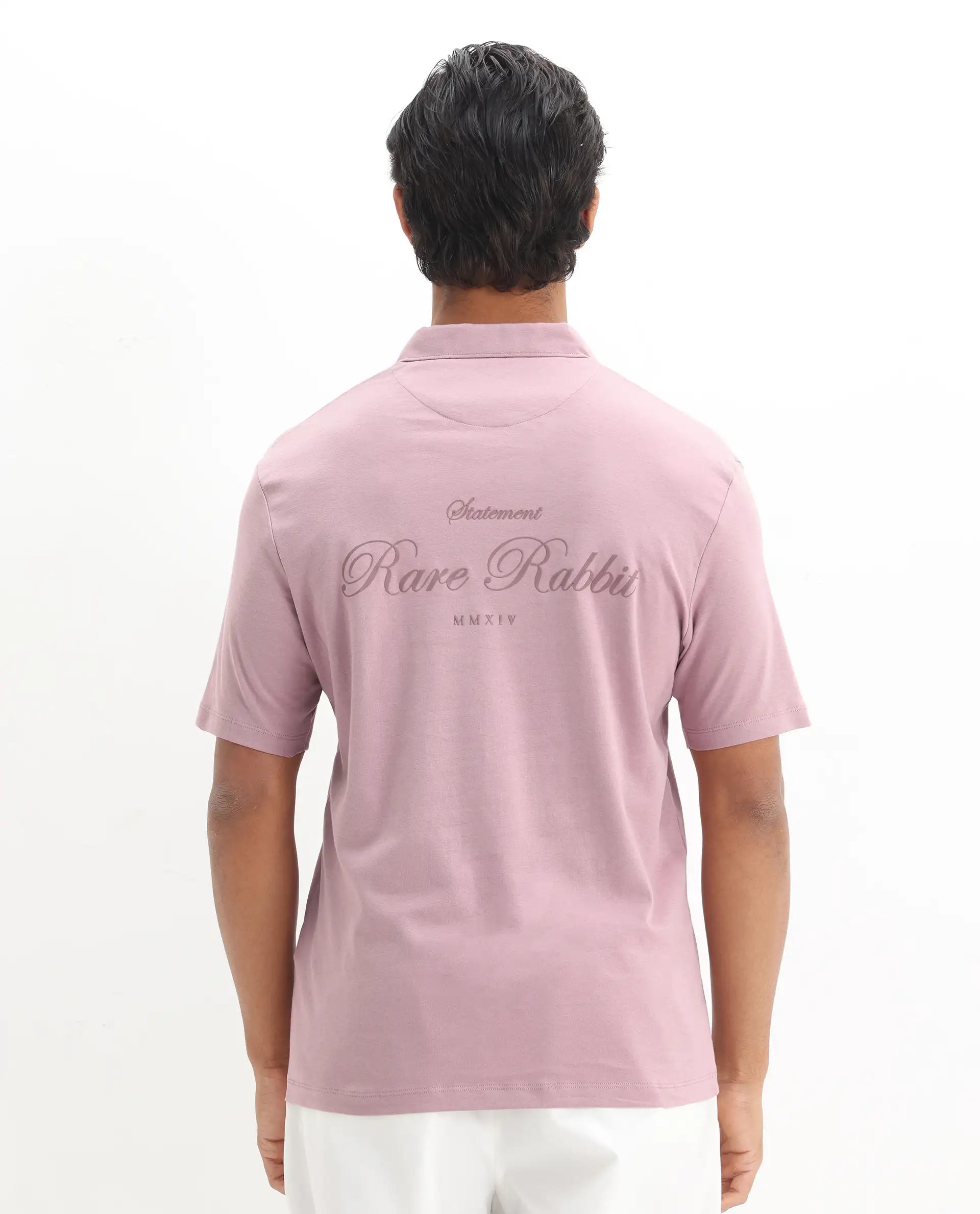 Rare Rabbit Men's Kace - Dusky Pink Cotton Plain Oversized Fit Half Sleeve Polo