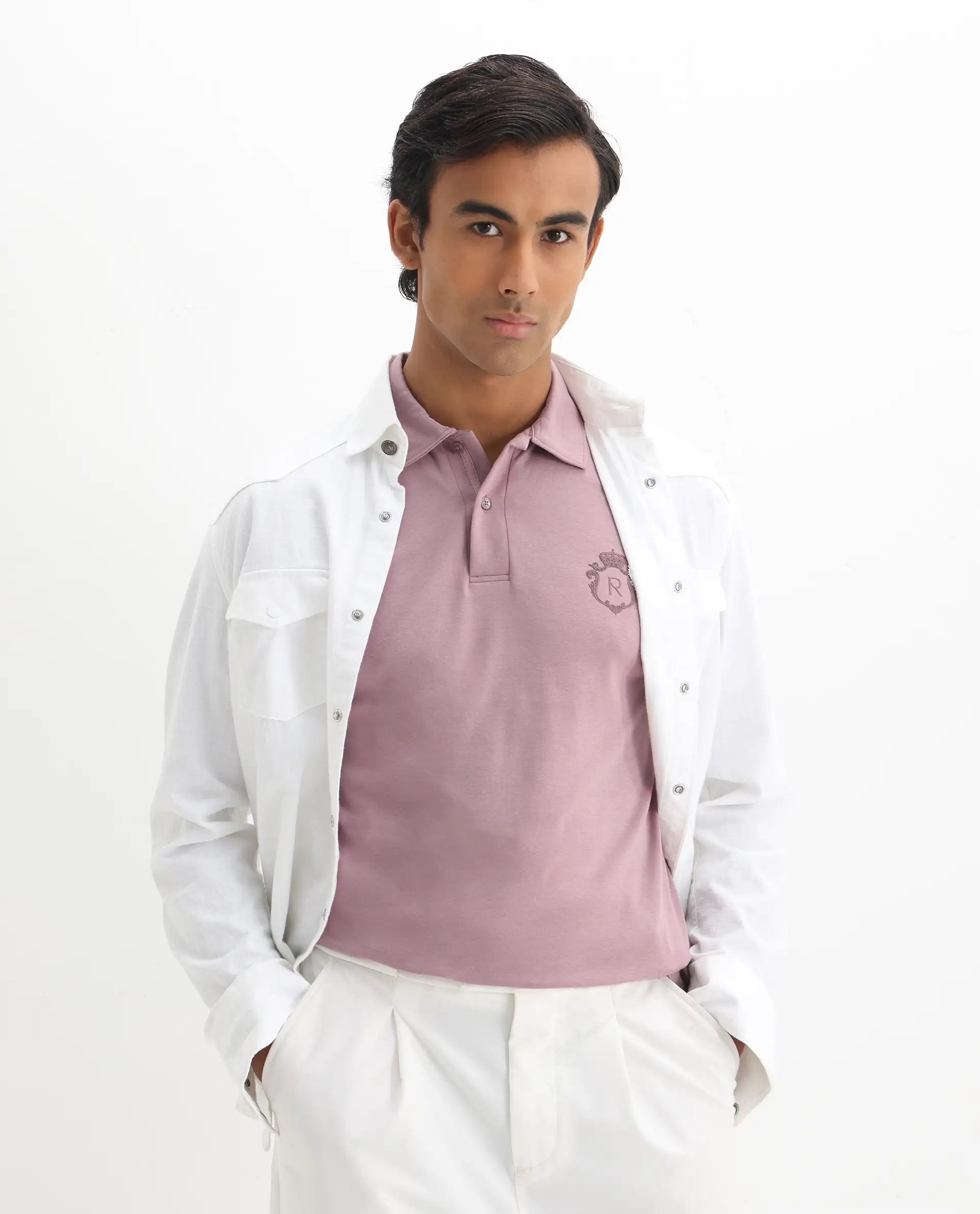 Rare Rabbit Men's Kace - Dusky Pink Cotton Plain Oversized Fit Half Sleeve Polo