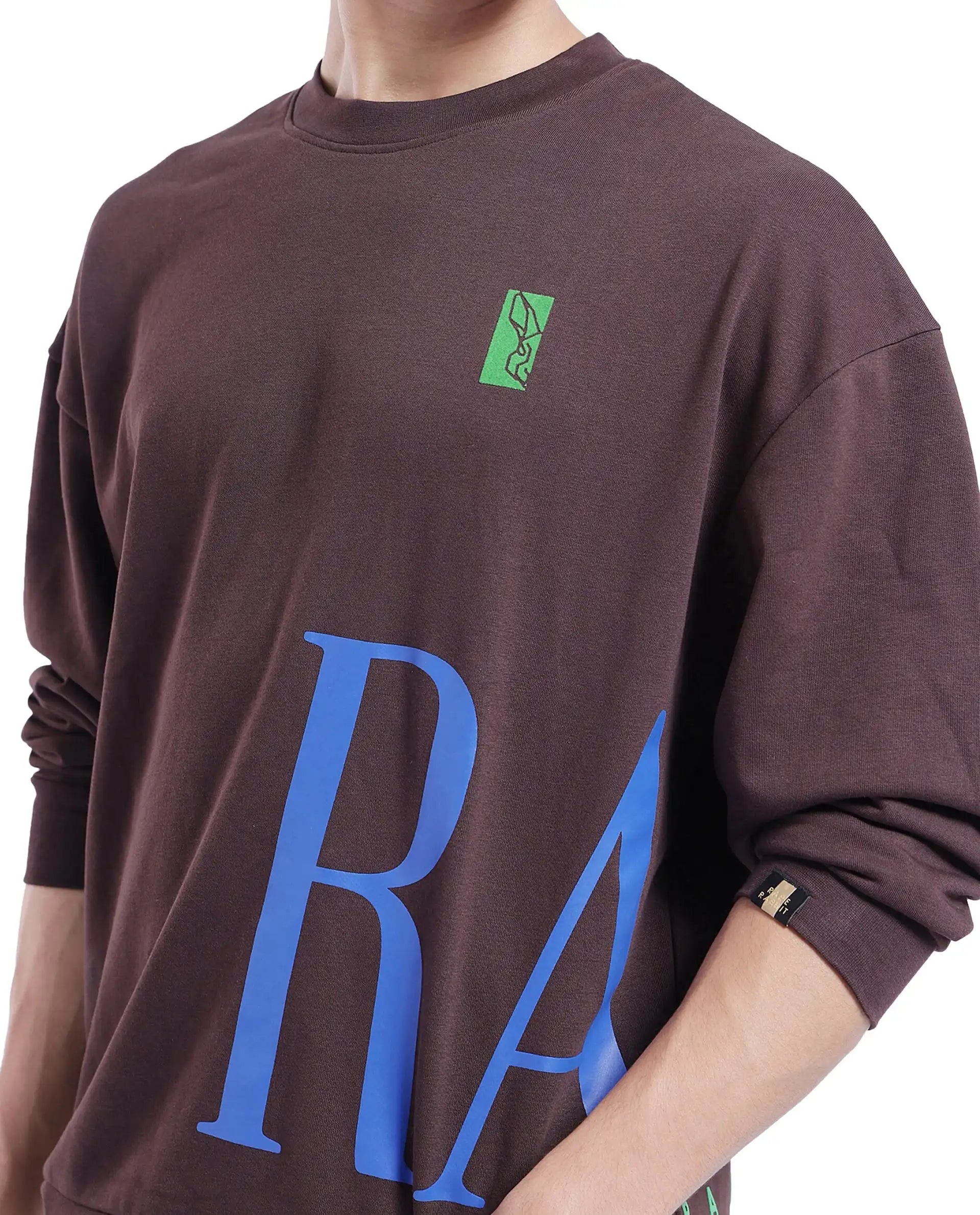 Rare Rabbit Men's Kacey Dark BrownCotton Blend Fabric Full Sleeve Crew Neck Boxy Fit Flock Print Logo and Placement Print Sweatshirt