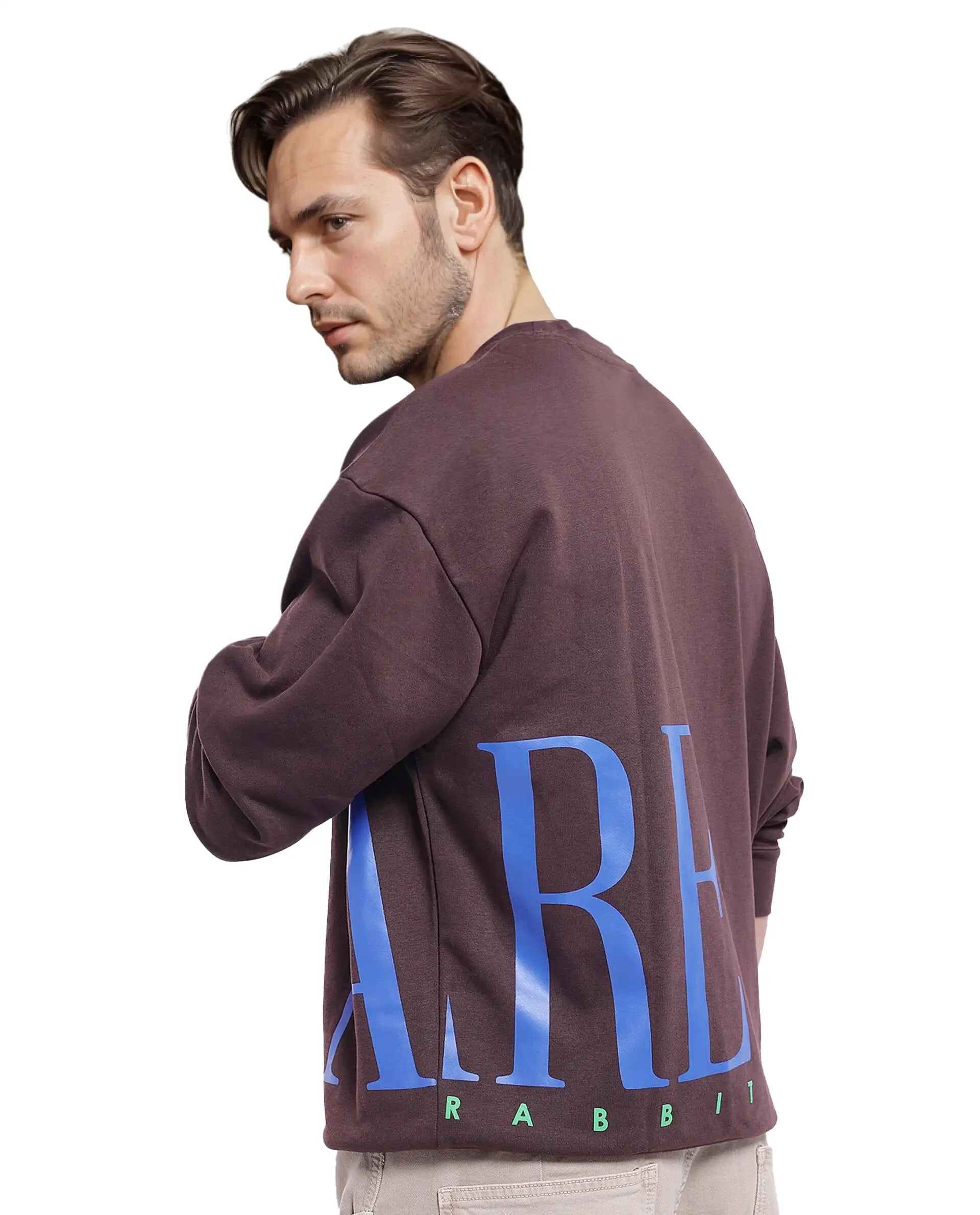 Rare Rabbit Men's Kacey Dark BrownCotton Blend Fabric Full Sleeve Crew Neck Boxy Fit Flock Print Logo and Placement Print Sweatshirt