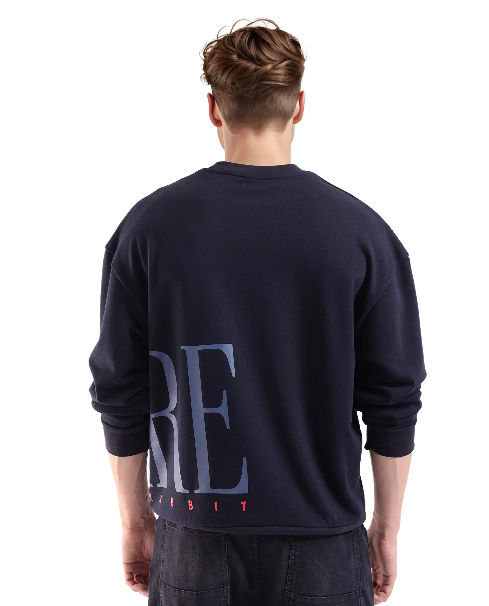 Rare Rabbit Men's Kacey Navy Cotton Blend Fabric Full Sleeve Crew Neck Boxy Fit Flock Print Logo and Placement Print Sweatshirt