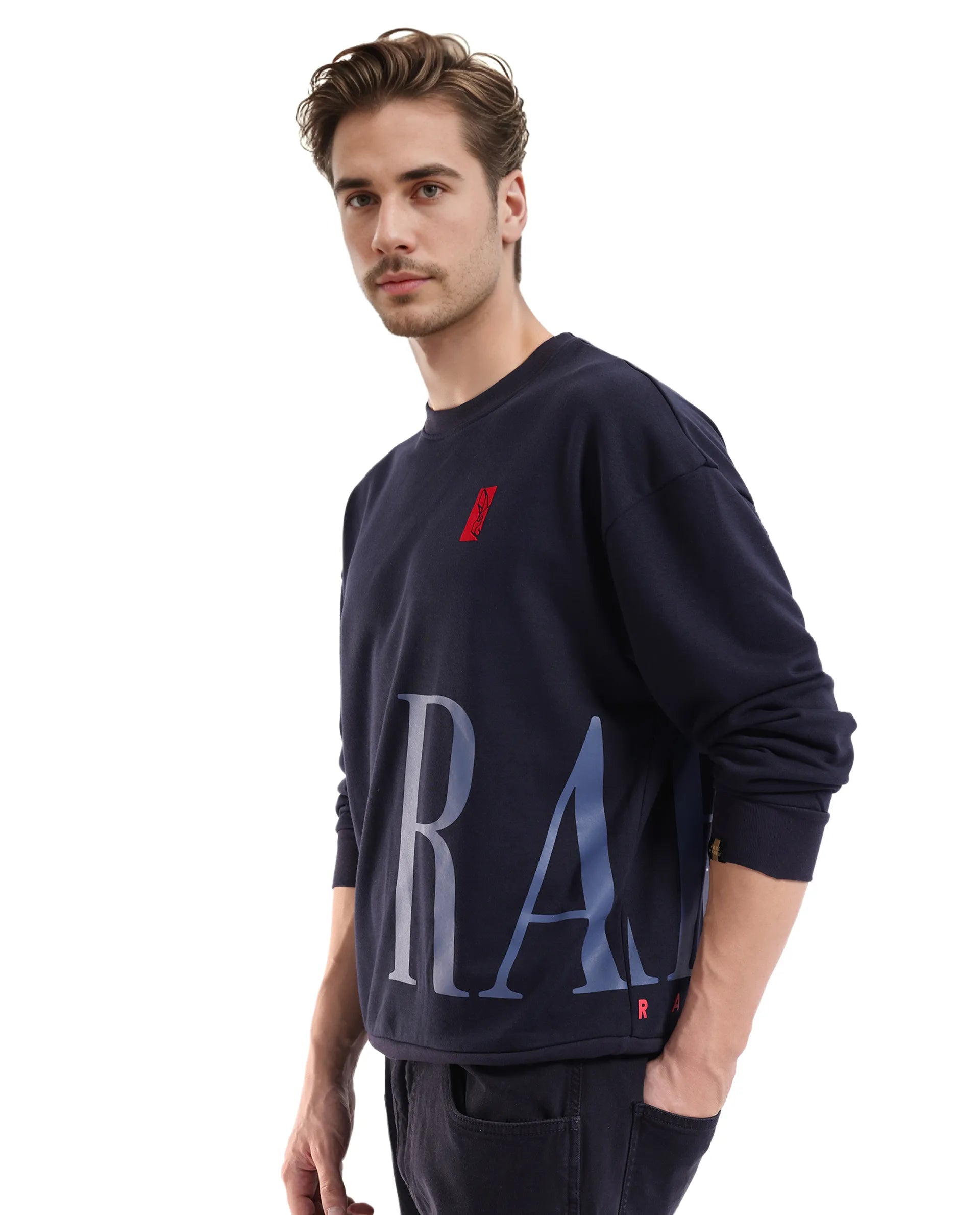 Rare Rabbit Men's Kacey Navy Cotton Blend Fabric Full Sleeve Crew Neck Boxy Fit Flock Print Logo and Placement Print Sweatshirt