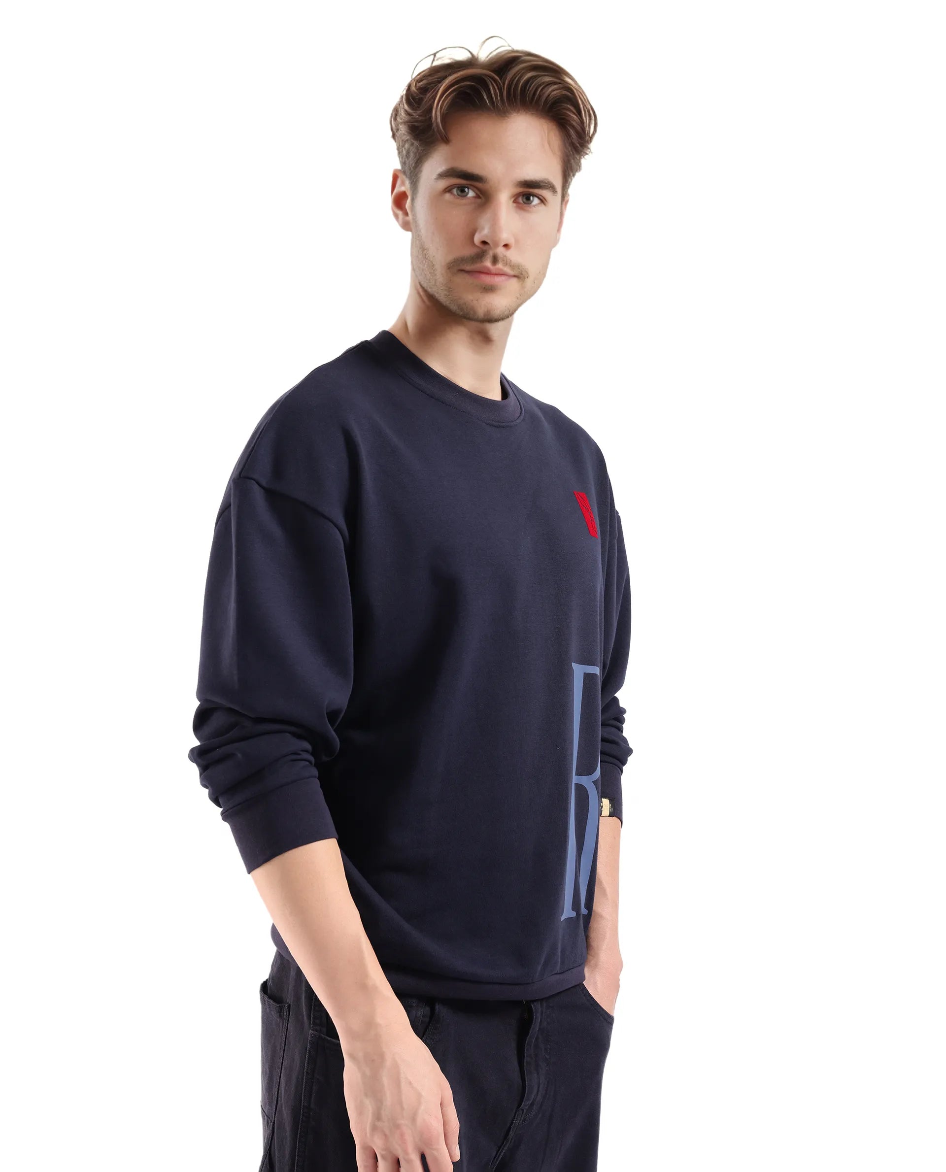 Rare Rabbit Men's Kacey Navy Cotton Blend Fabric Full Sleeve Crew Neck Boxy Fit Flock Print Logo and Placement Print Sweatshirt