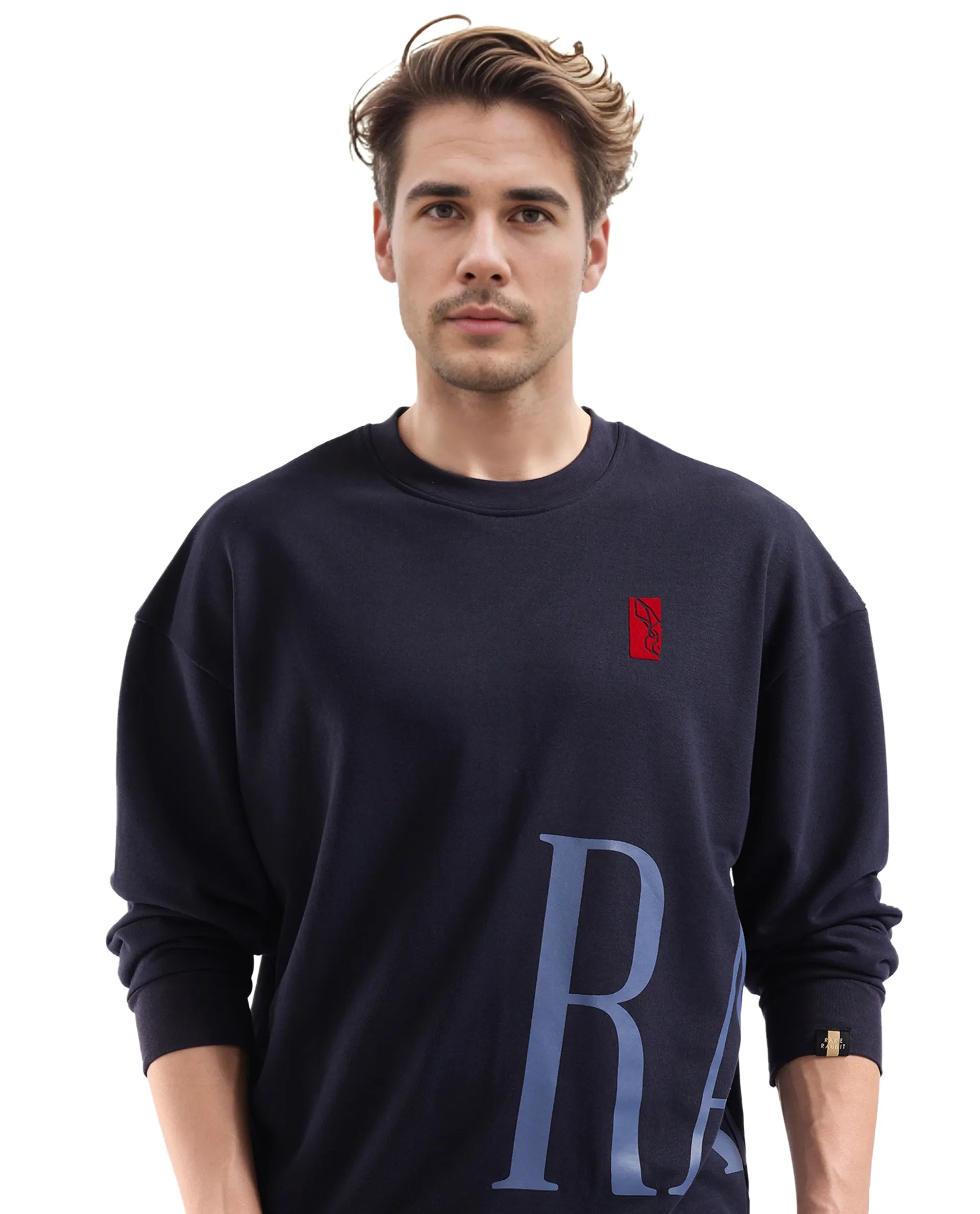 Rare Rabbit Men's Kacey Navy Cotton Blend Fabric Full Sleeve Crew Neck Boxy Fit Flock Print Logo and Placement Print Sweatshirt