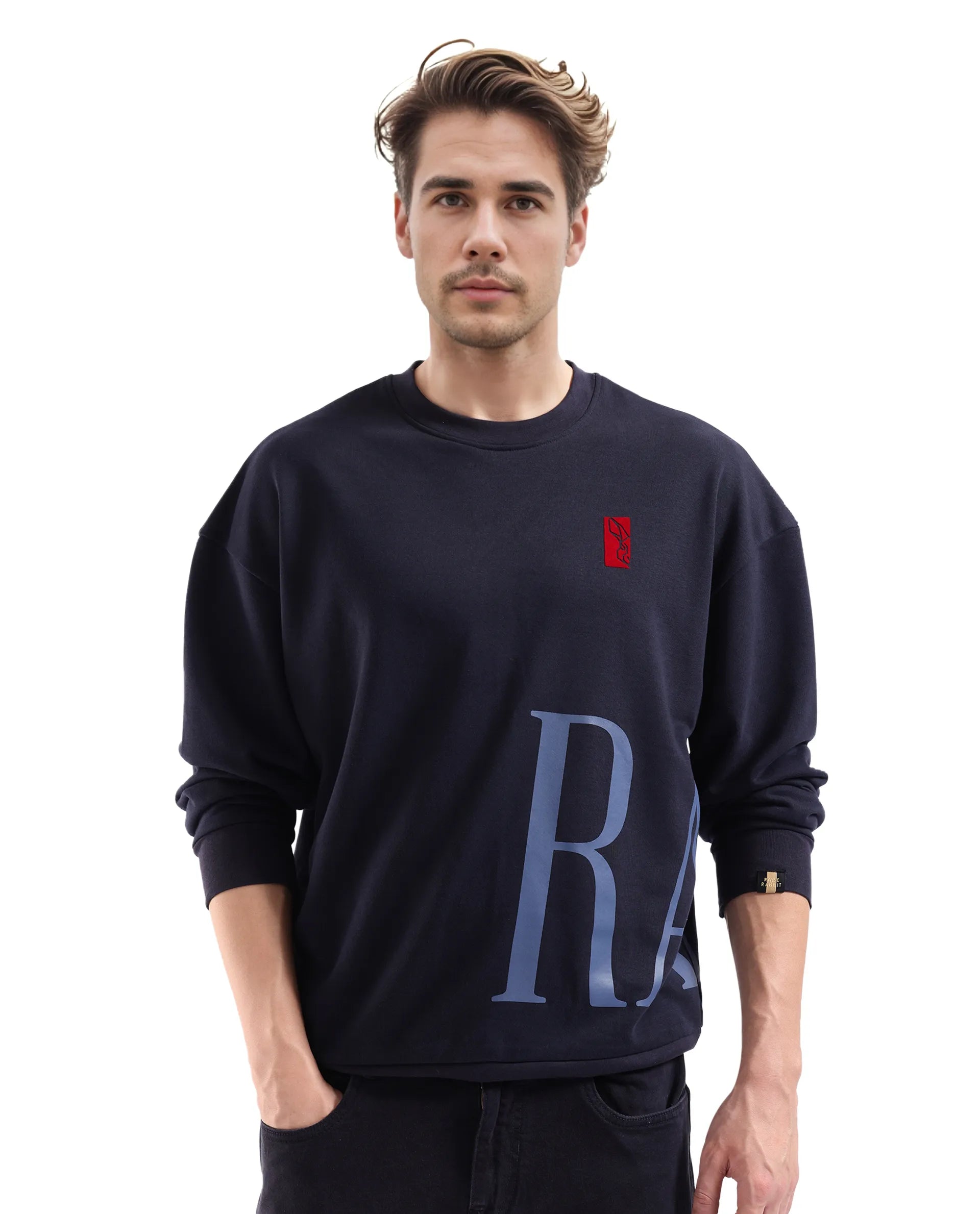 Rare Rabbit Men's Kacey Navy Cotton Blend Fabric Full Sleeve Crew Neck Boxy Fit Flock Print Logo and Placement Print Sweatshirt