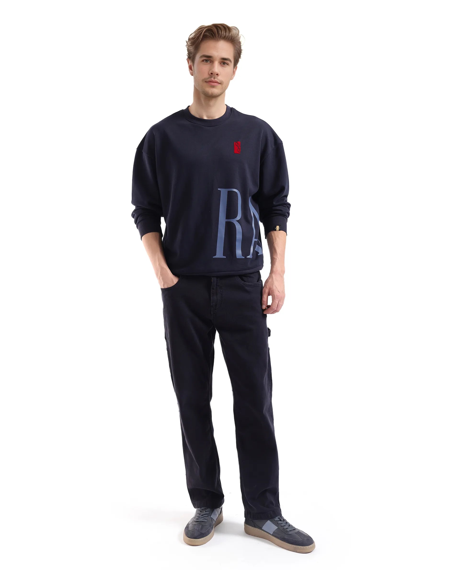 Rare Rabbit Men's Kacey Navy Cotton Blend Fabric Full Sleeve Crew Neck Boxy Fit Flock Print Logo and Placement Print Sweatshirt