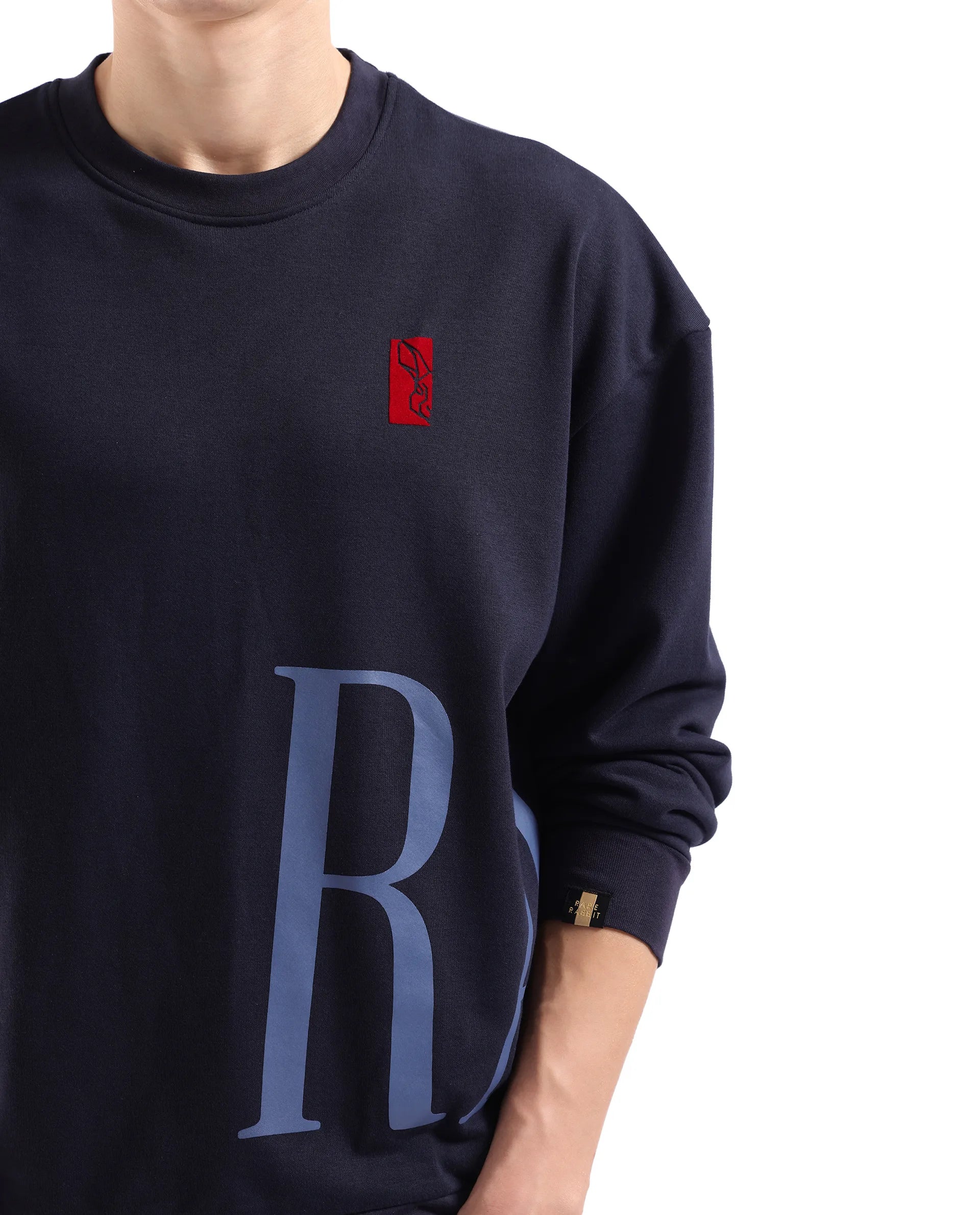Rare Rabbit Men's Kacey Navy Cotton Blend Fabric Full Sleeve Crew Neck Boxy Fit Flock Print Logo and Placement Print Sweatshirt