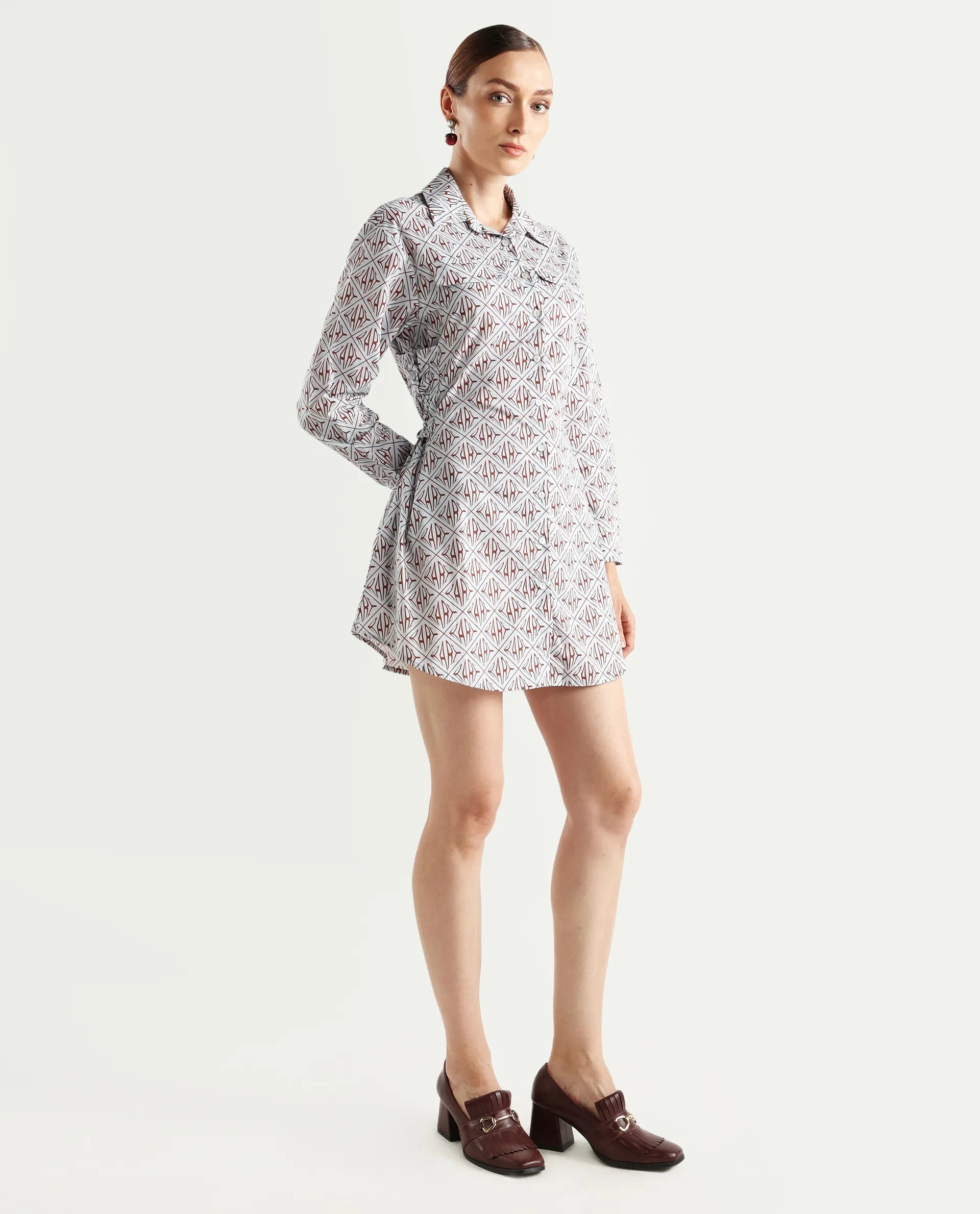 Rareism Women's Kacie Blue Cotton Drop Collar Monogram Print Cuffed Sleeve Mini Regular Fit Dress