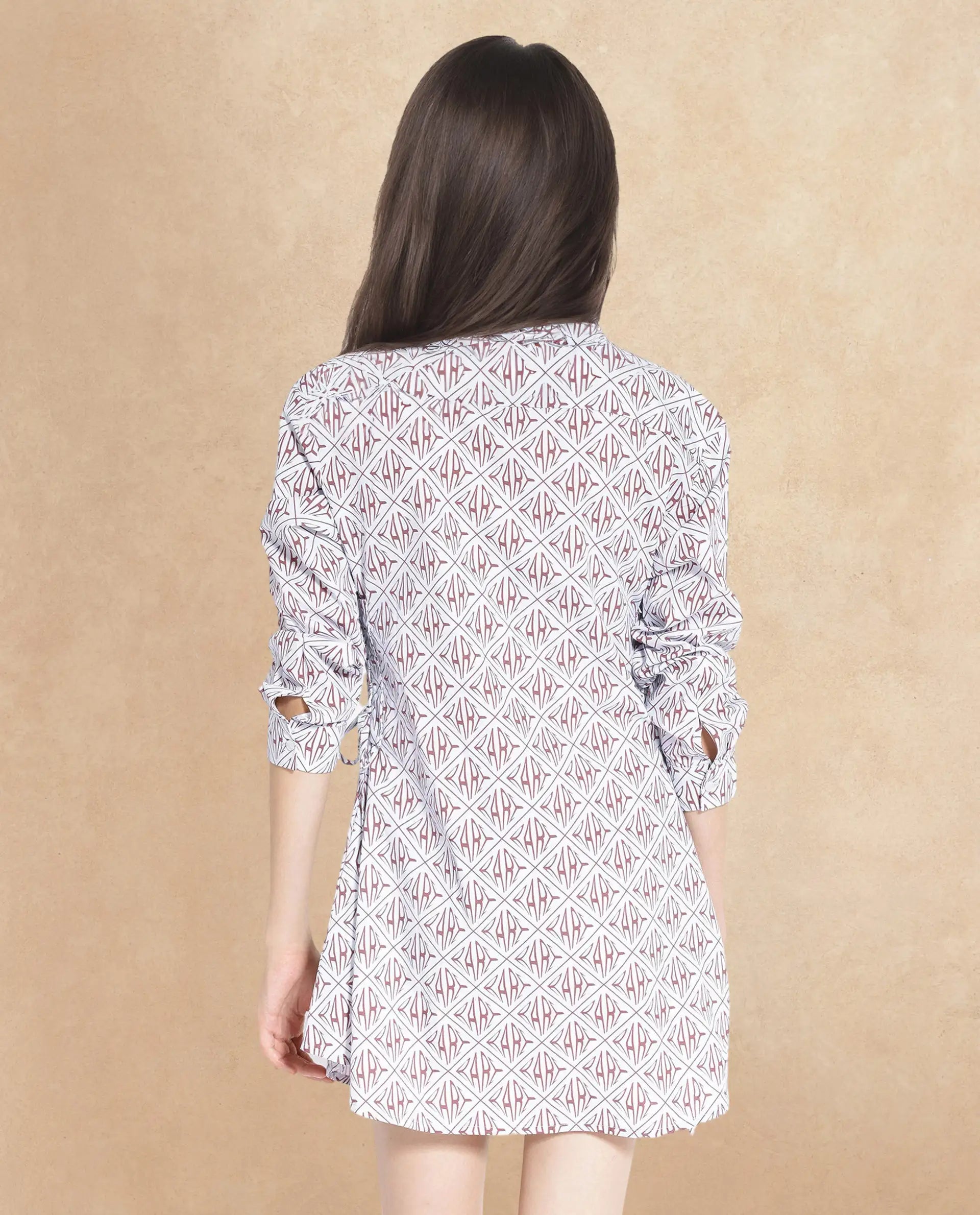 Rareism Women Kacie Blue Cuffed Sleeve Collared Neck Button Closure A-Line Mini Monogram Print Dress