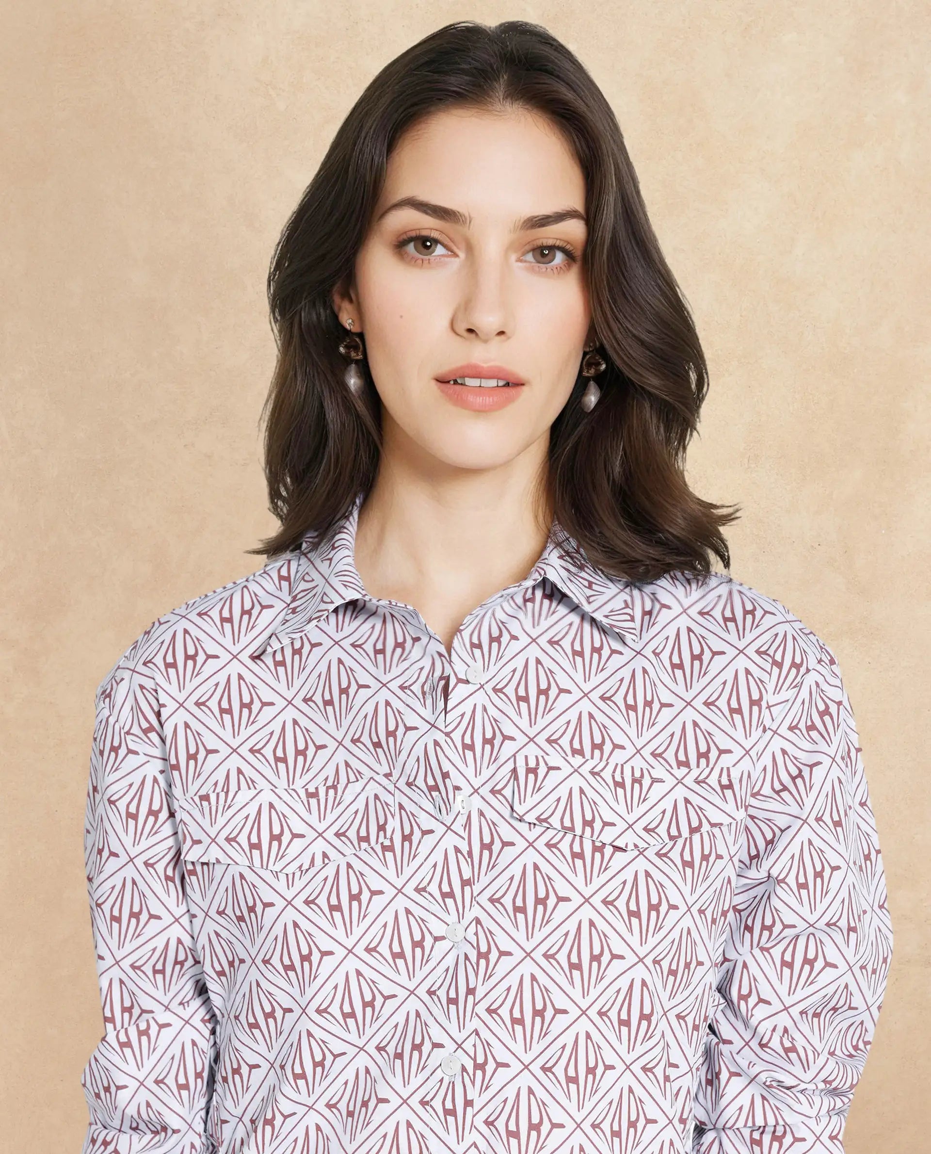 Rareism Women Kacie Blue Cuffed Sleeve Collared Neck Button Closure A-Line Mini Monogram Print Dress