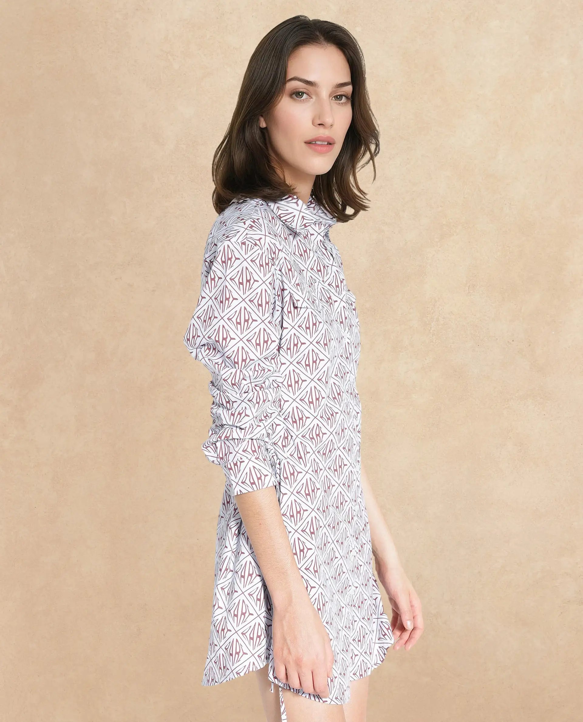 Rareism Women Kacie Blue Cuffed Sleeve Collared Neck Button Closure A-Line Mini Monogram Print Dress