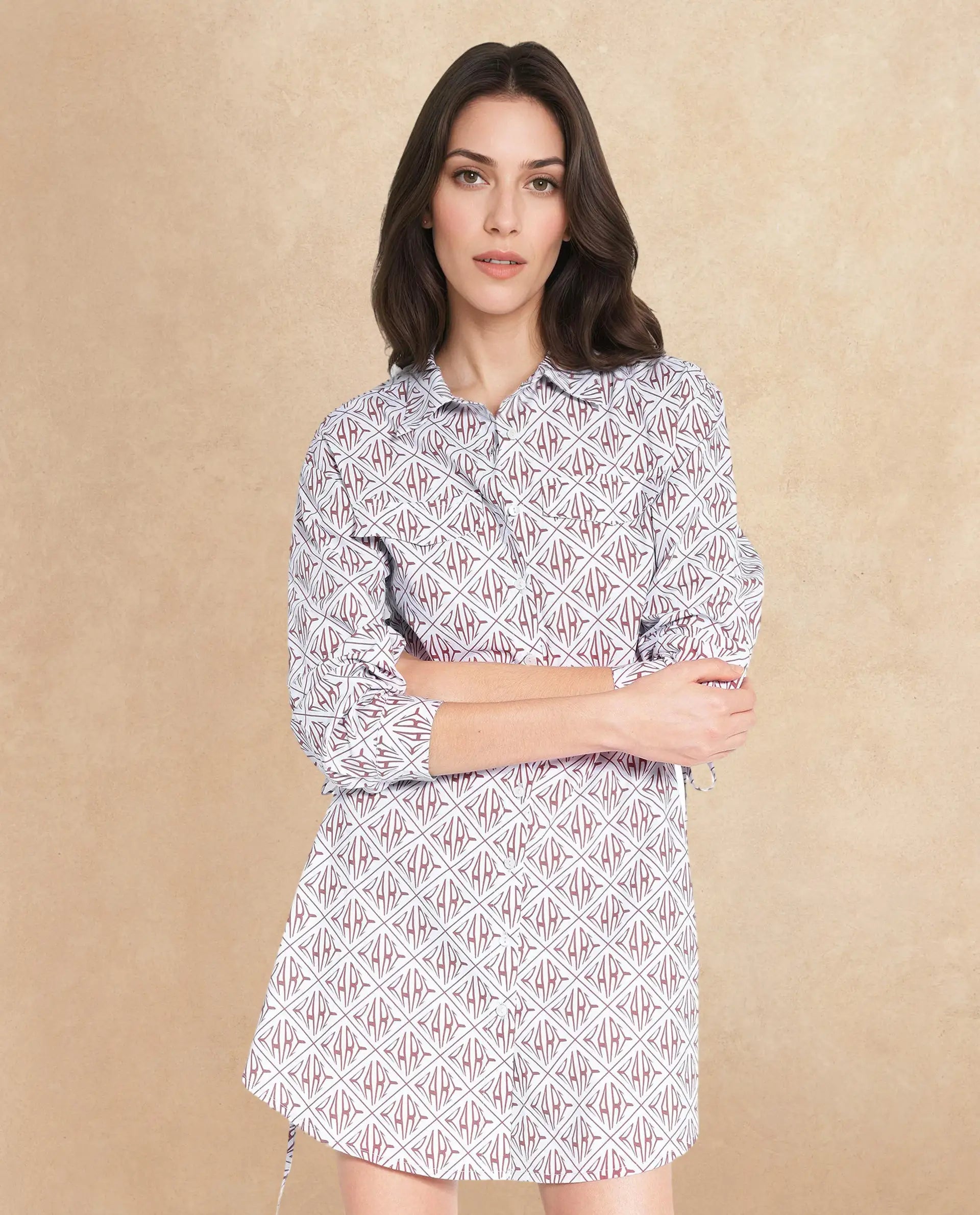 Rareism Women Kacie Blue Cuffed Sleeve Collared Neck Button Closure A-Line Mini Monogram Print Dress