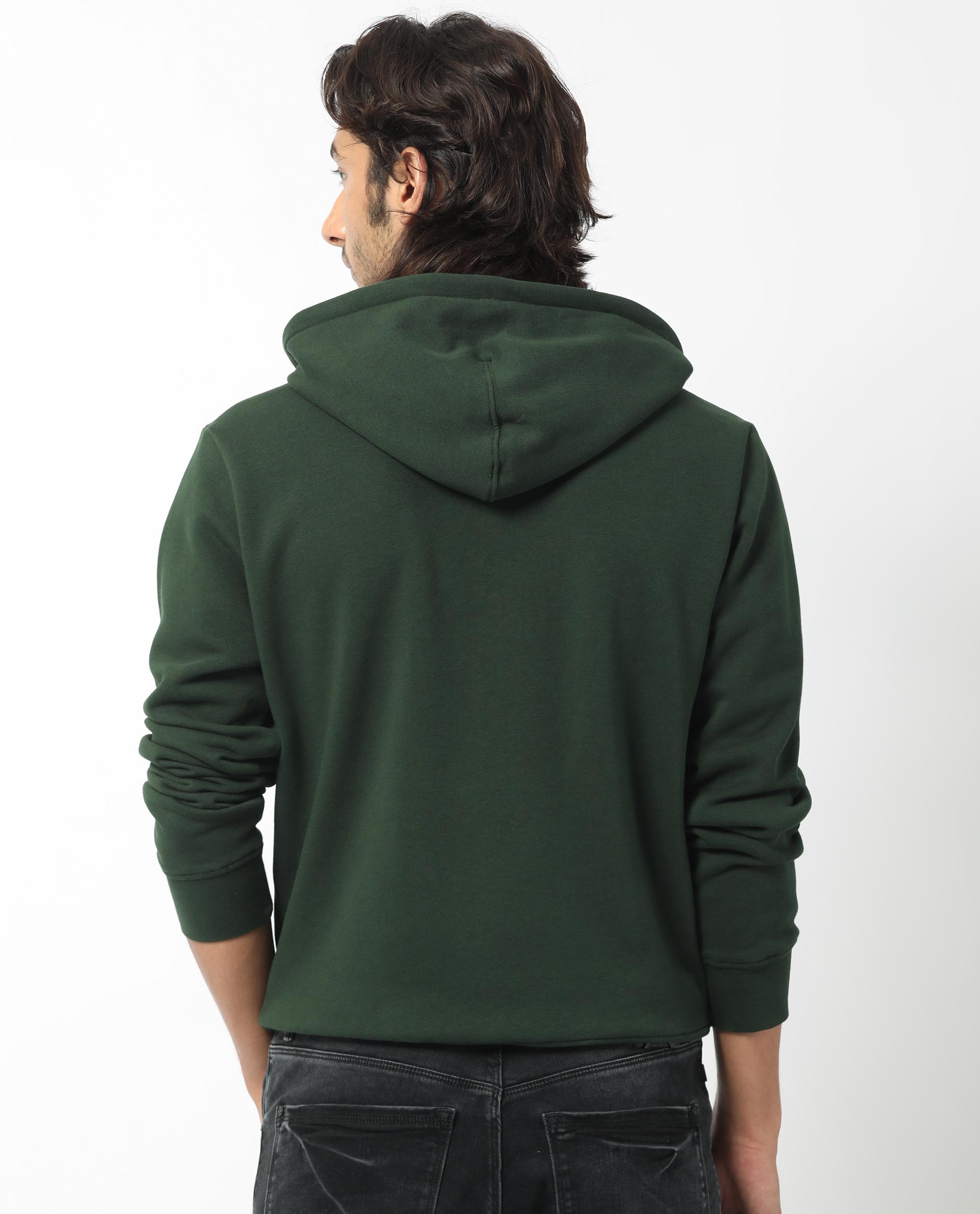 Rare Rabbit Men's Kaden Green Cotton Polyester Fabric Full Sleeves Placement Foil Print Hooded Sweatshirt