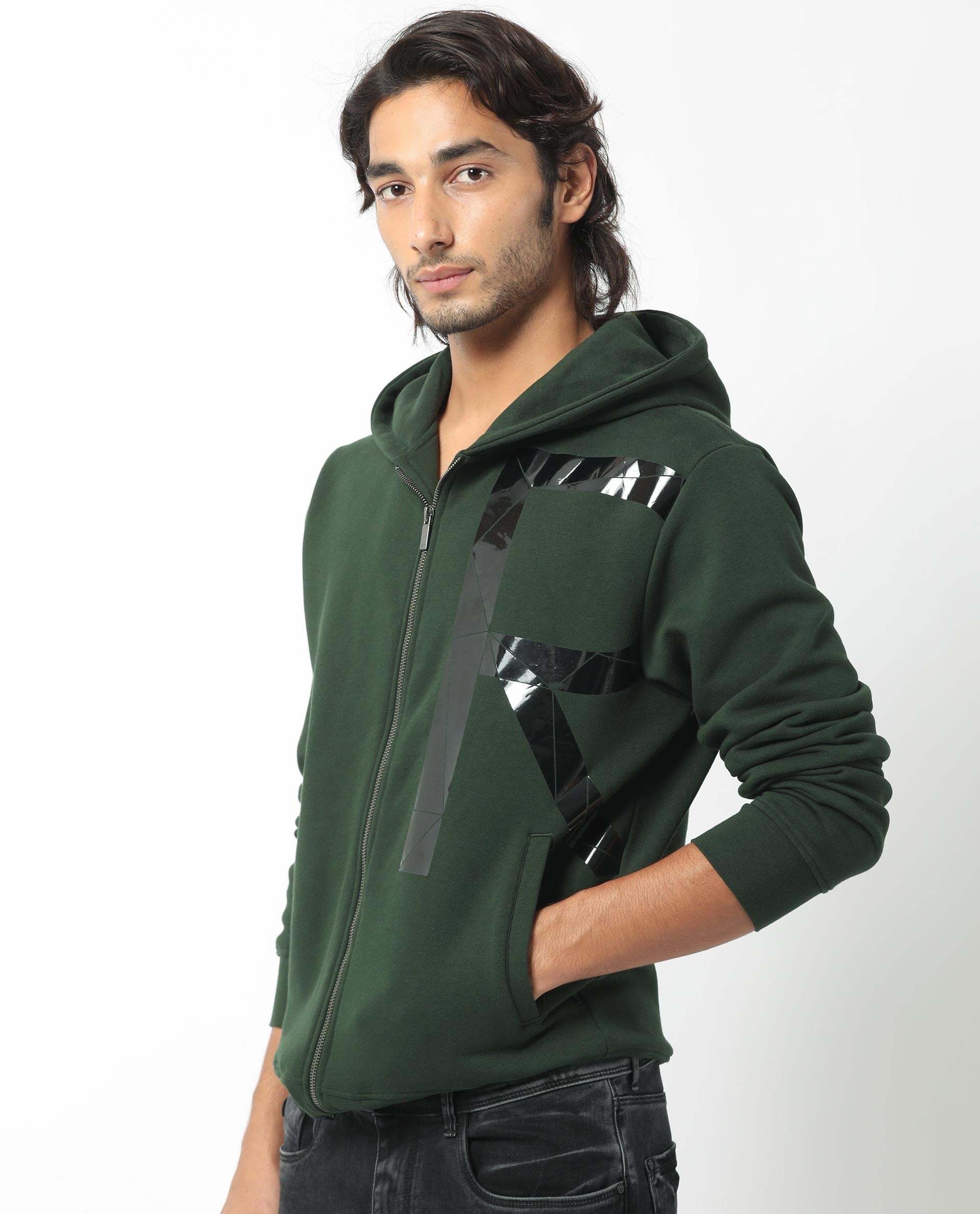 Rare Rabbit Men's Kaden Green Cotton Polyester Fabric Full Sleeves Placement Foil Print Hooded Sweatshirt