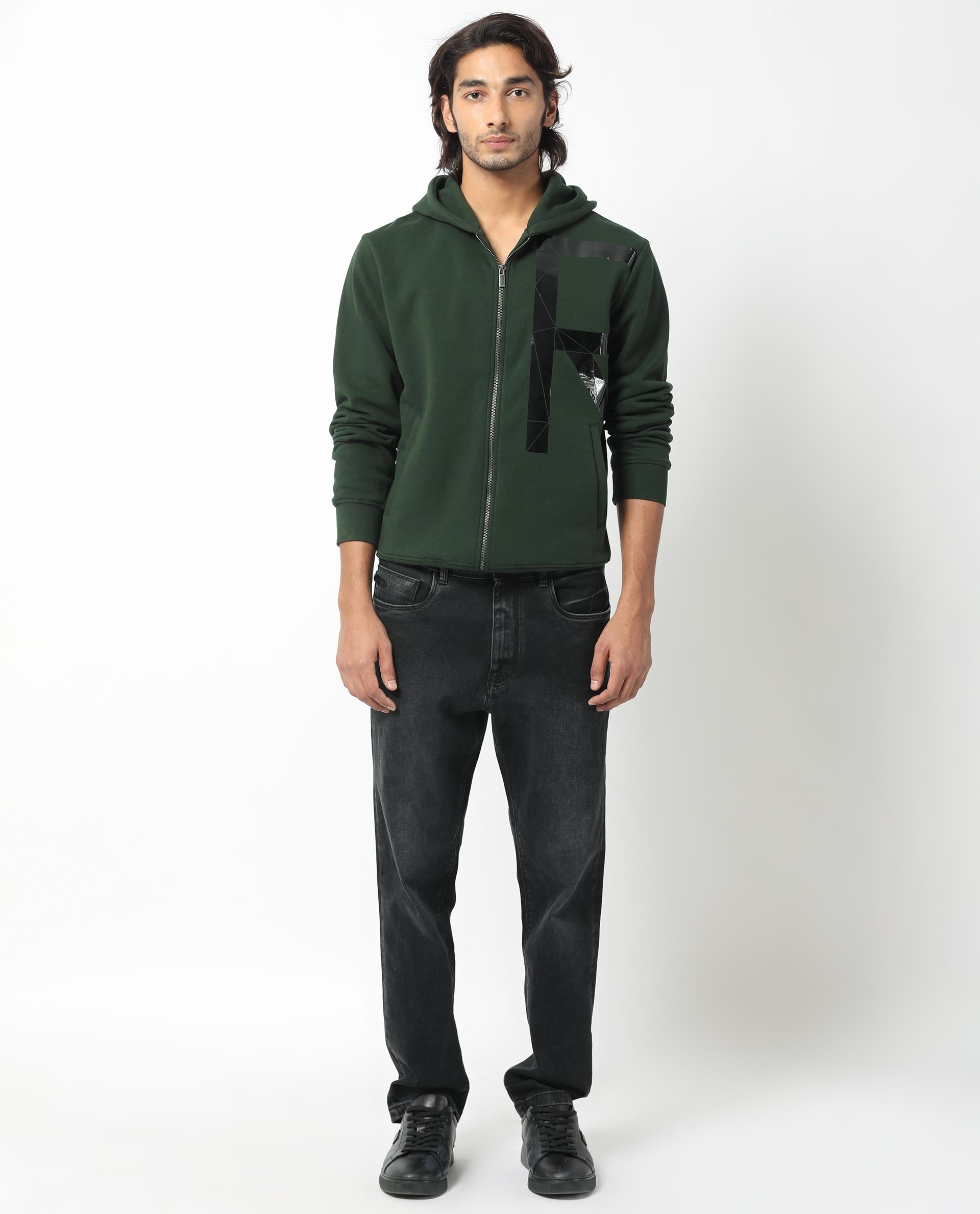 Rare Rabbit Men's Kaden Green Cotton Polyester Fabric Full Sleeves Placement Foil Print Hooded Sweatshirt